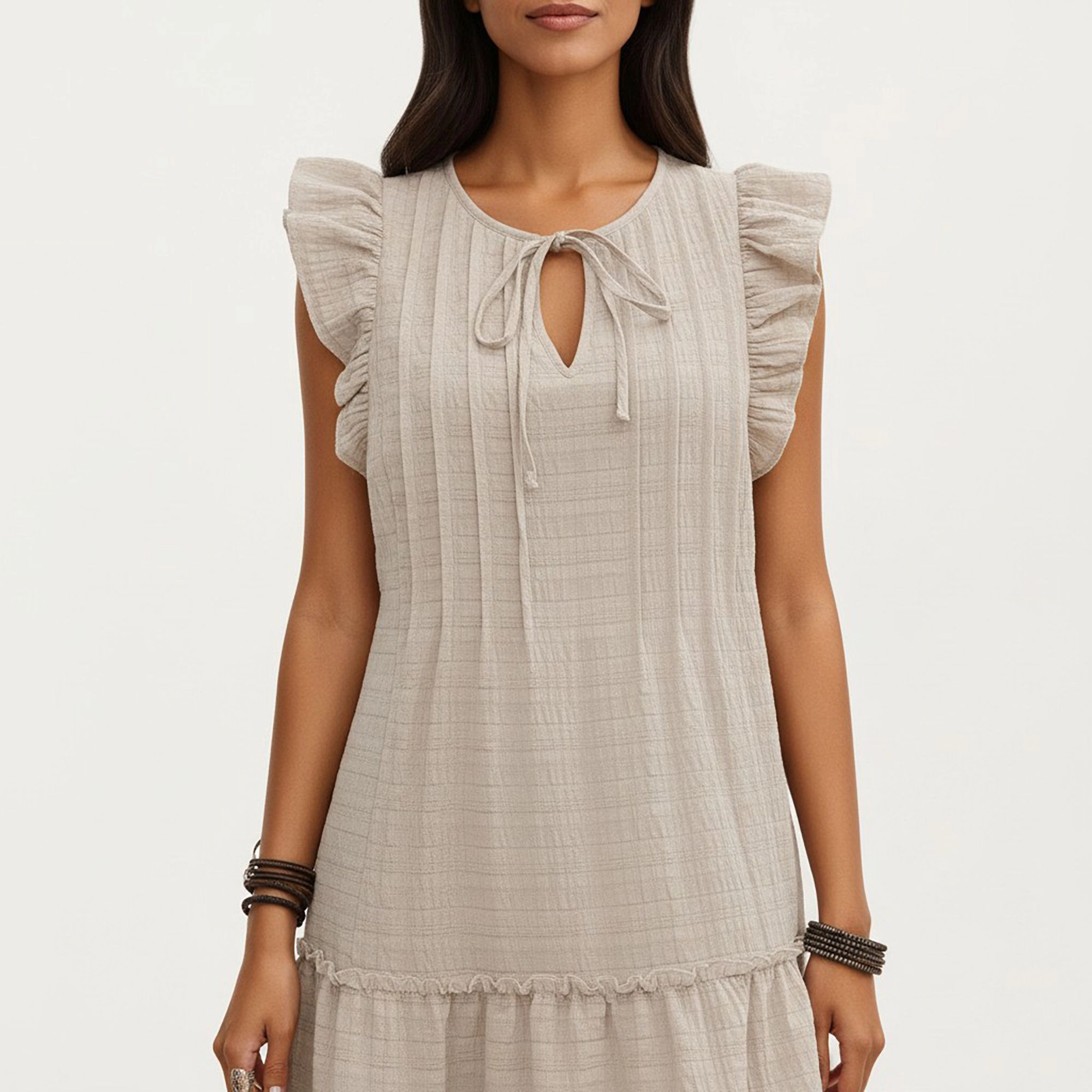 Anna-Kaci Women's Ruffle Tie Neck Detail Tiered Hem Mini Dress