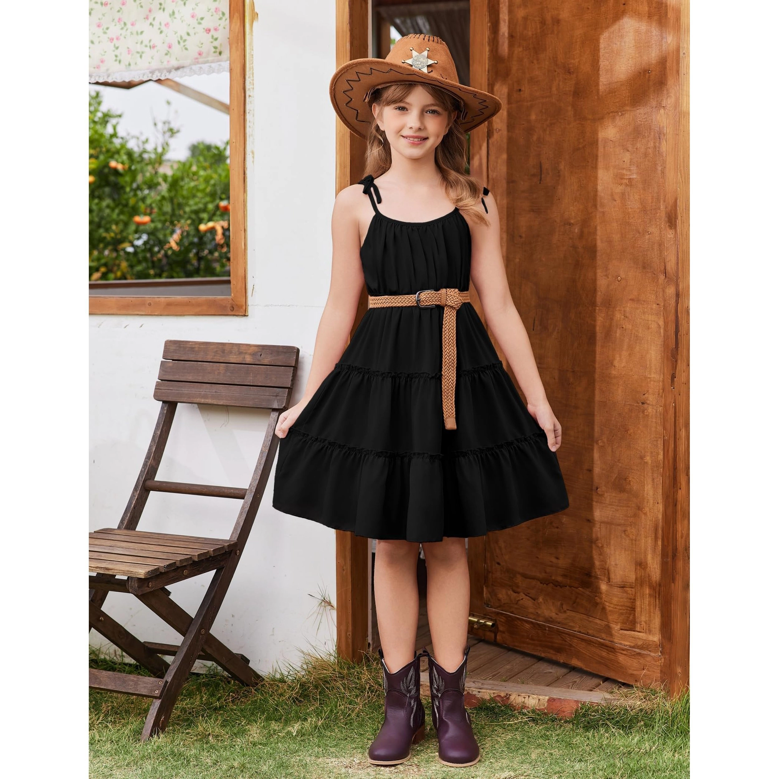 Arshiner Girls Summer Sundress Boho Spaghetti Strap Ruffled Tiered Midi Casual Cami Dress