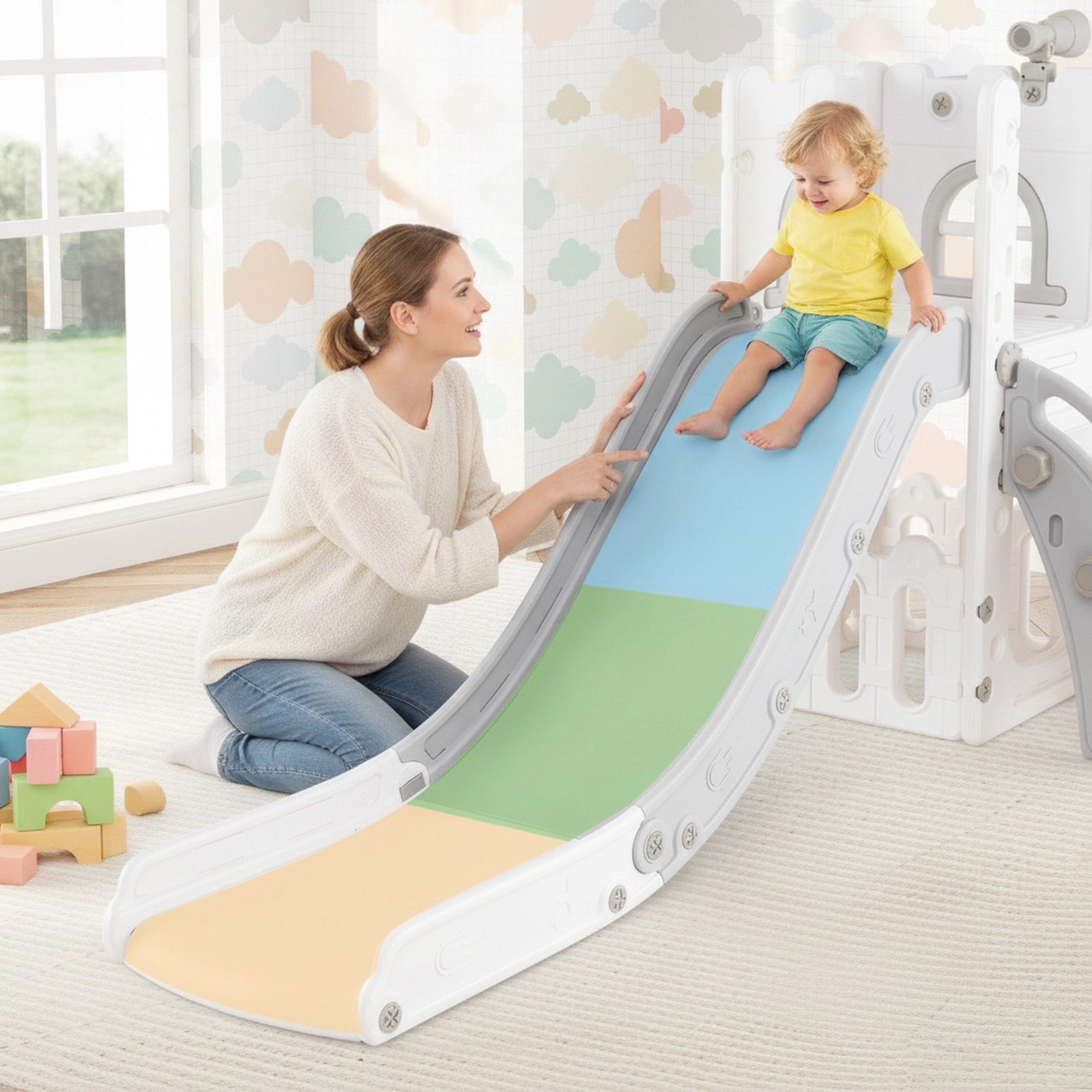 6-in-1 Toddler Slide L-Shaped Playground 51-in Slide Enclosed Non-Slip Steps Basketball Hoop 110-lb Ages 1-3 Gray