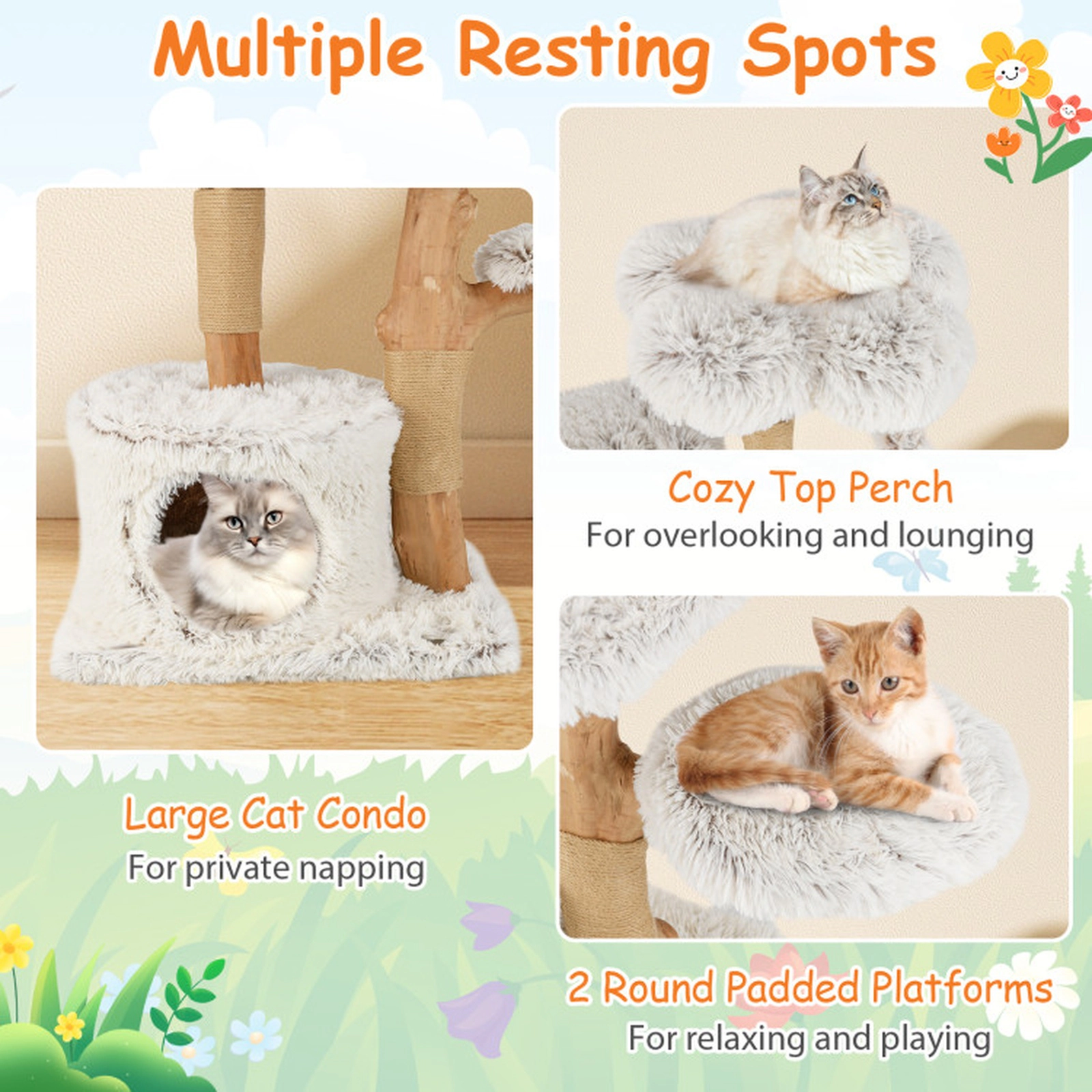 SUGIFT 53-in Modern Natural Branch Cat Tree with Flower-Shaped Top Perch Jute Posts and Vented Condo