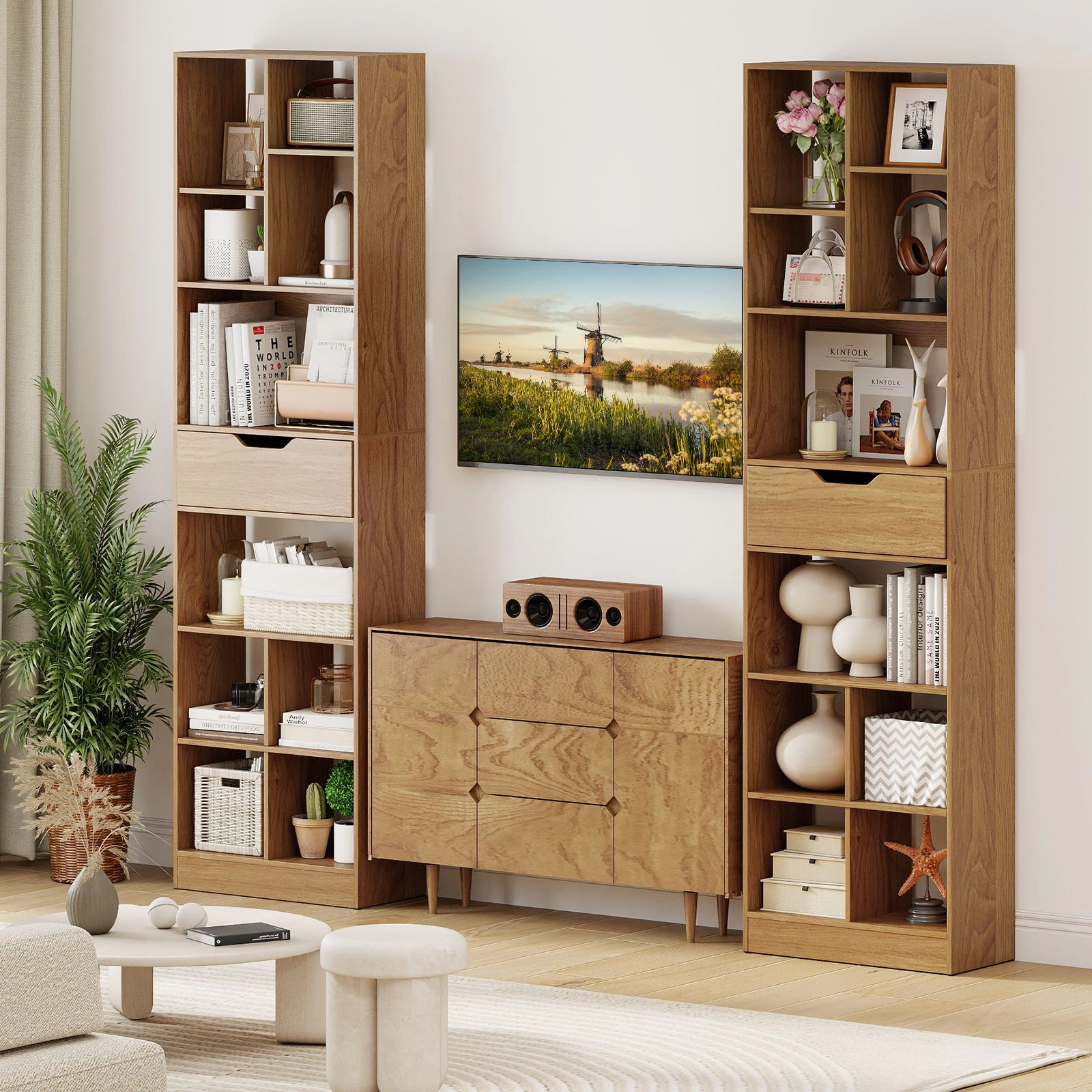 SlickBlue 71 Inch Freestanding Bookshelf with Storage Cabinet Drawer