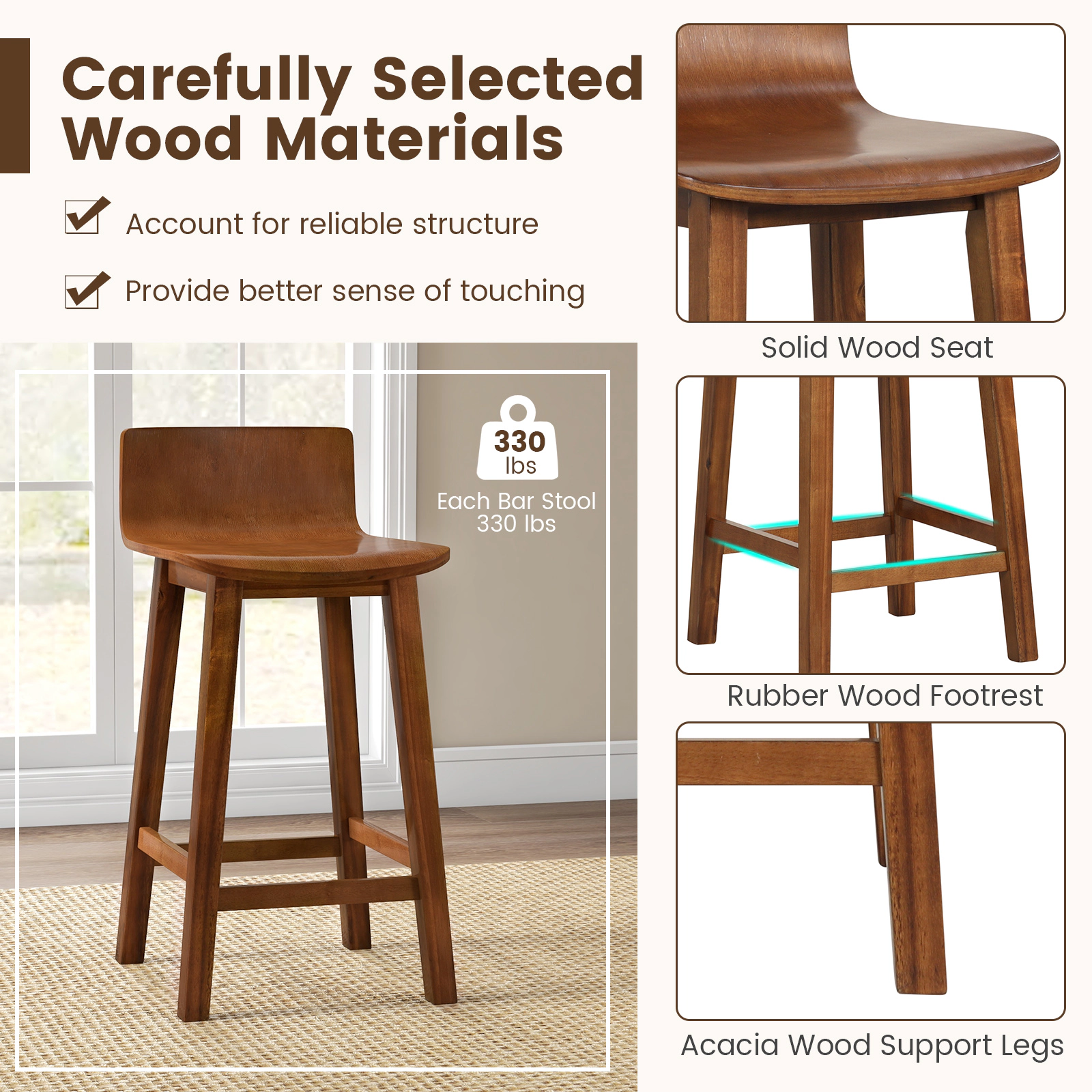 SUGIFT Brown Solid Back and Seat Mid-Century Design Set of 2 Wood Bar Stool
