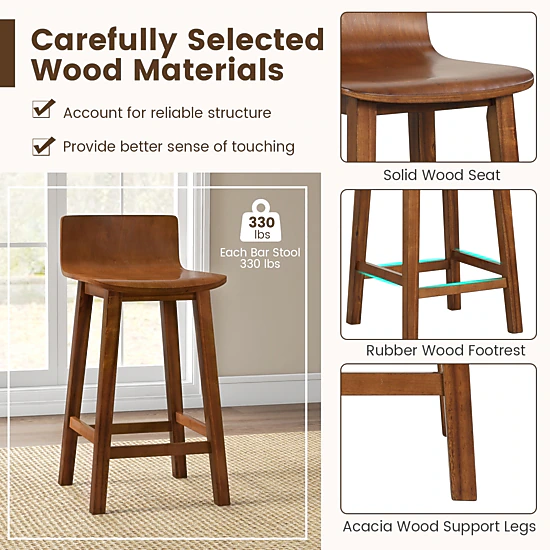 SUGIFT Set of 2 Mid-Century Wood Solid Back and Acacia Legs 30-in H 330-lb Rated Bar Stools Brown