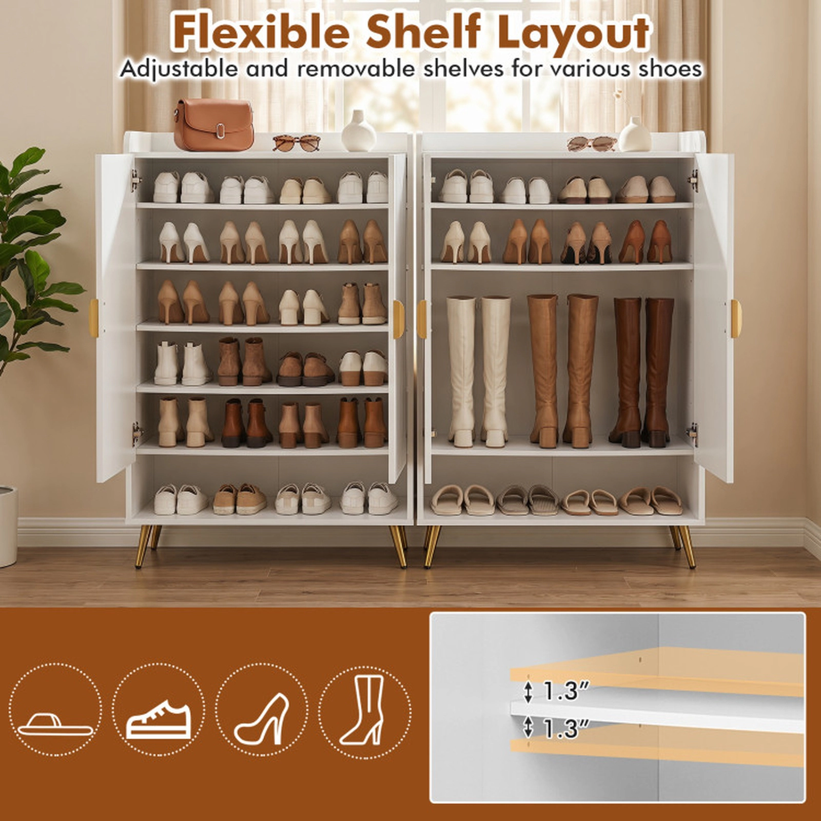 SUGIFT 44-in Tall Shoe Storage Cabinet with 7-Tier Doors and Adjustable Shelves 110-lb Capacity 30-in Wide 1-Piece White