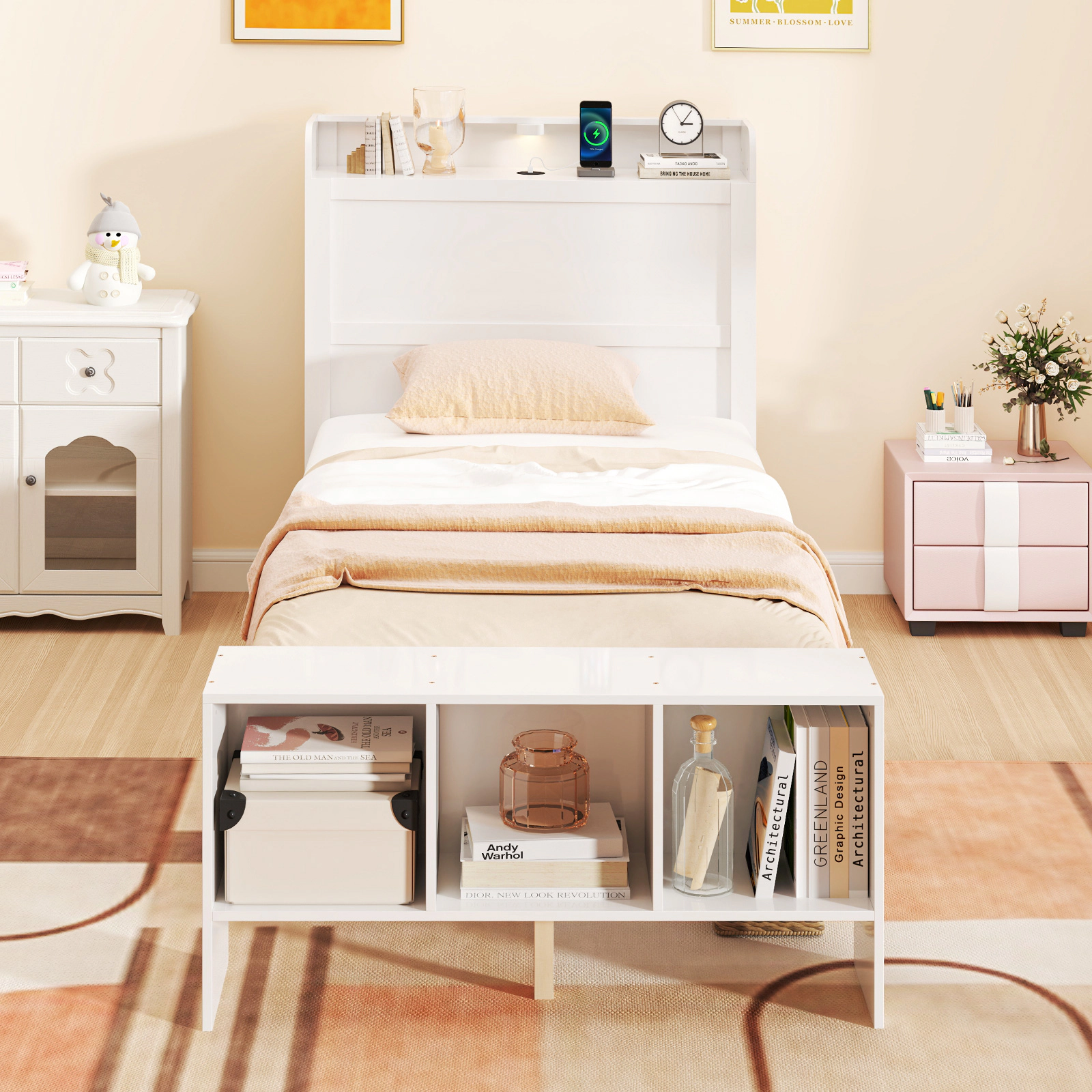 SUGIFT Twin Platform Bed with LED Headboard, 2 USB Ports and Storage, White