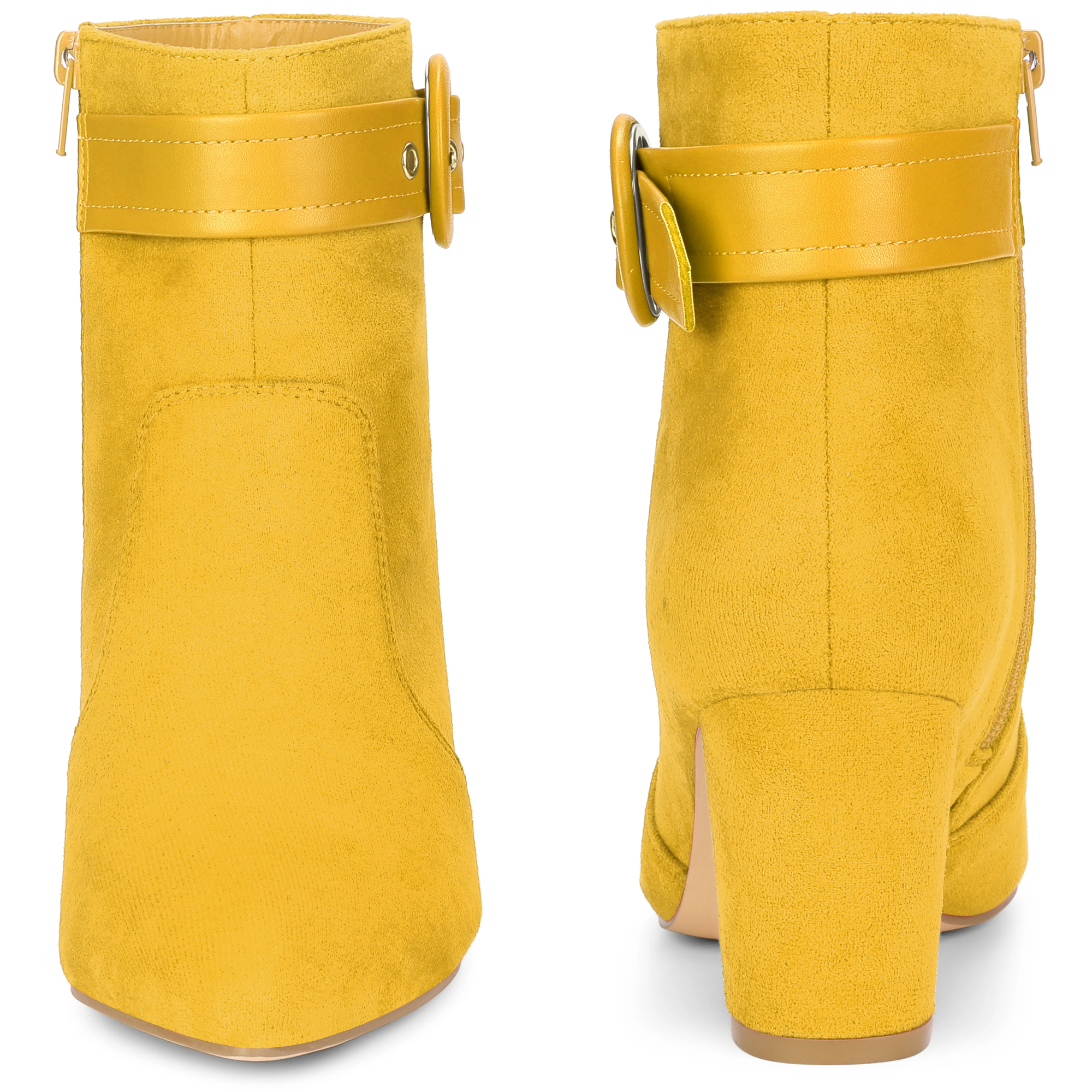 BLISSFUL STEP Women Chunky Heel Pointed Toe Ankle Boots with Buckle Strap