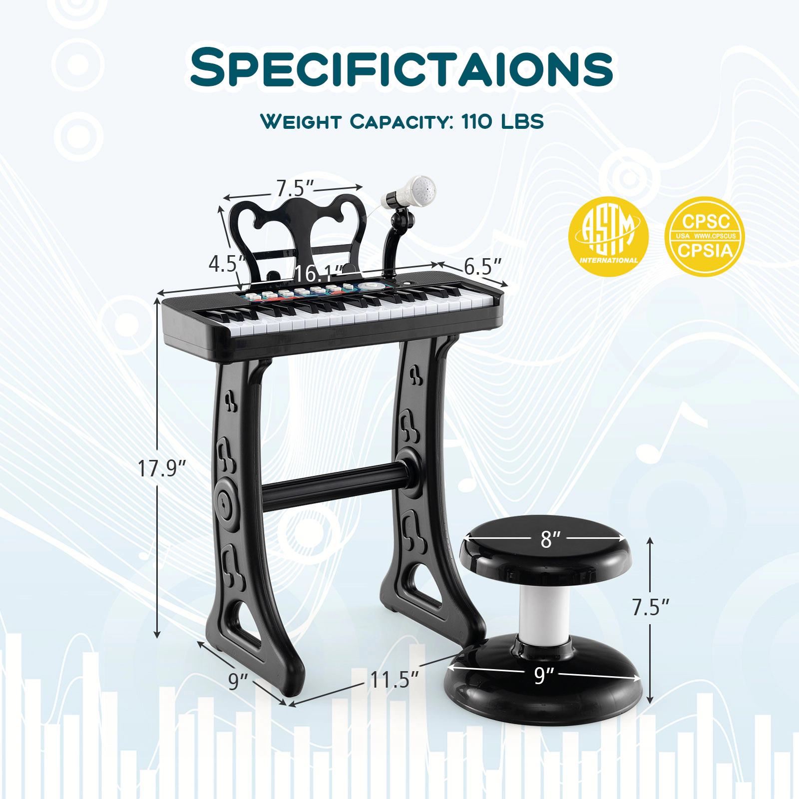 SUGIFT Kids Black 37-Key Toy Piano Keyboard with Detachable Legs and Microphone 16.1-in W 9-in D 17.9-in H Ages 3+