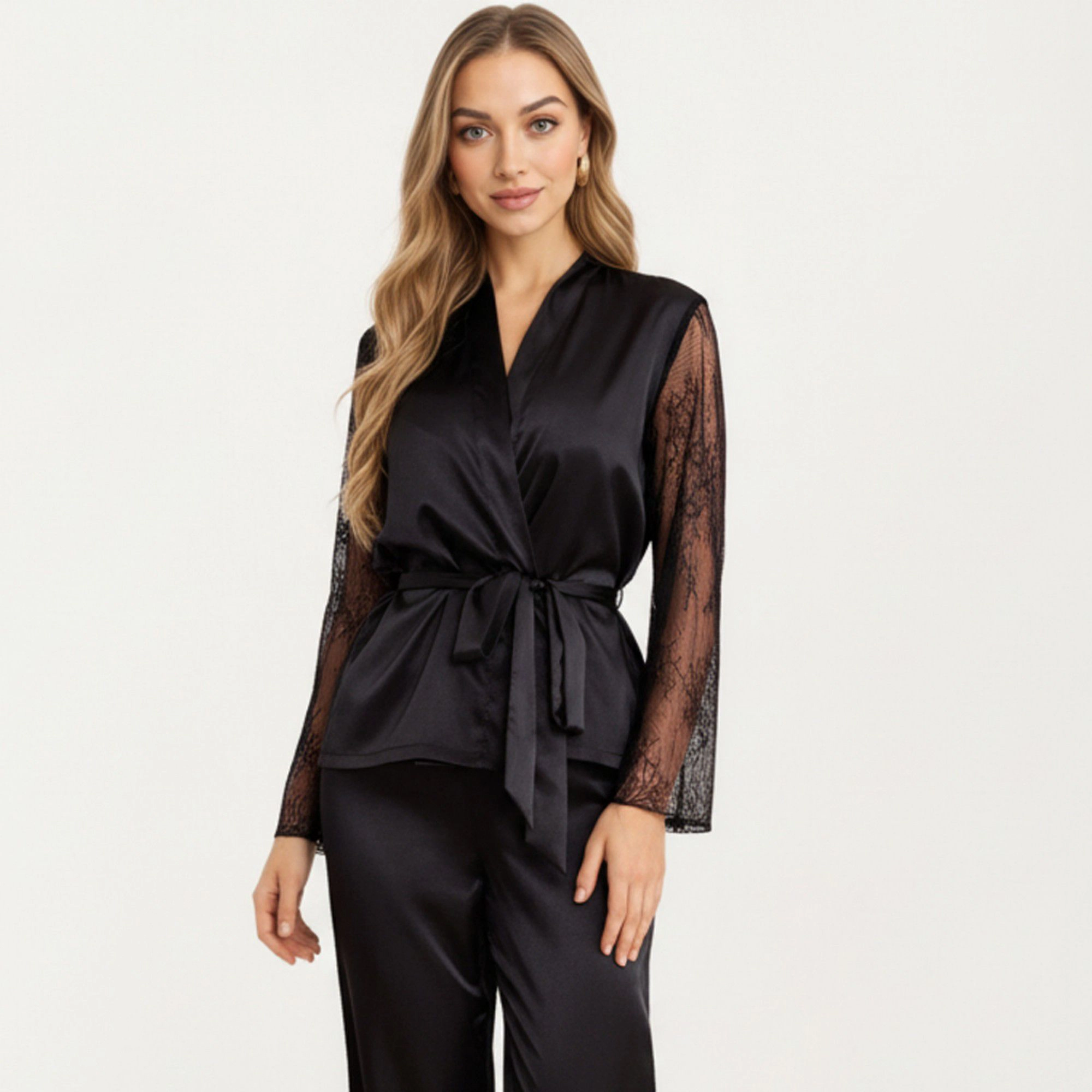 Anna-Kaci Women's Satin Pajama Set with Lace Sleeve Detail and Matching Tie-Waist Top Straight Leg Pants
