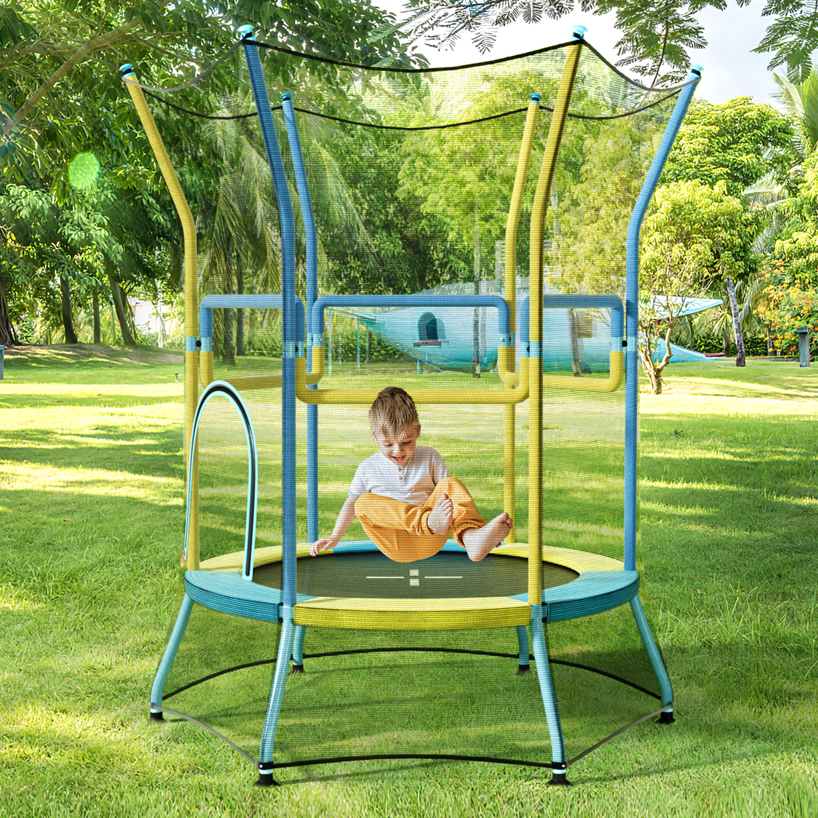 SUGIFT Mini Trampoline for Kids with Safety Enclosure Net, Foam Handles and Zipper Door 180-lb Capacity Ages 3-6 Yellow