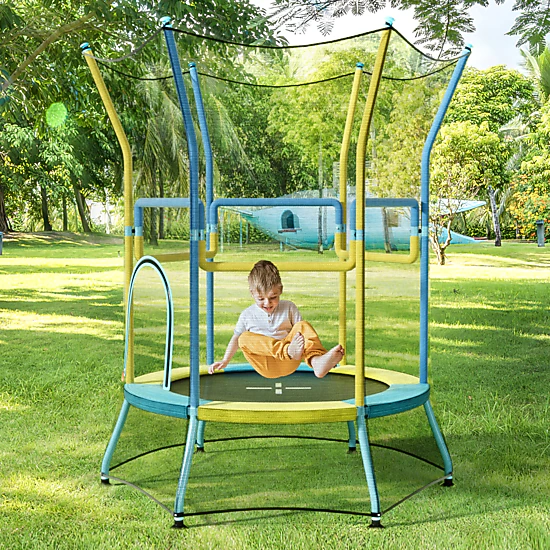 SUGIFT Mini Trampoline for Kids with Safety Enclosure Net, Foam Handles and Zipper Door 180-lb Capacity Ages 3-6 Yellow