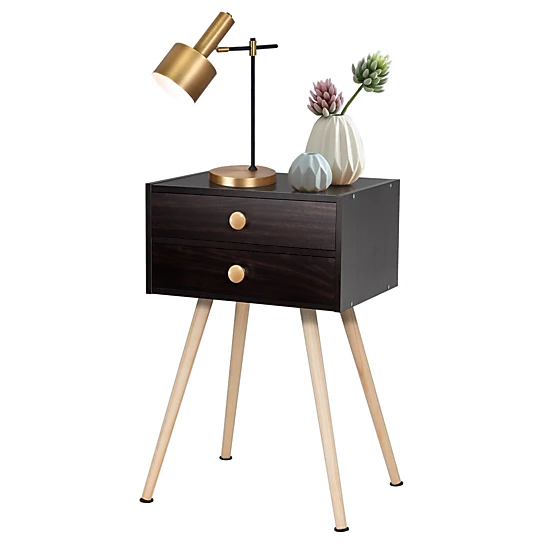 Glintex Mid-Century 2-Drawer Nightstand with Anti-Tipping Kit and 14-Inch Leg Clearance