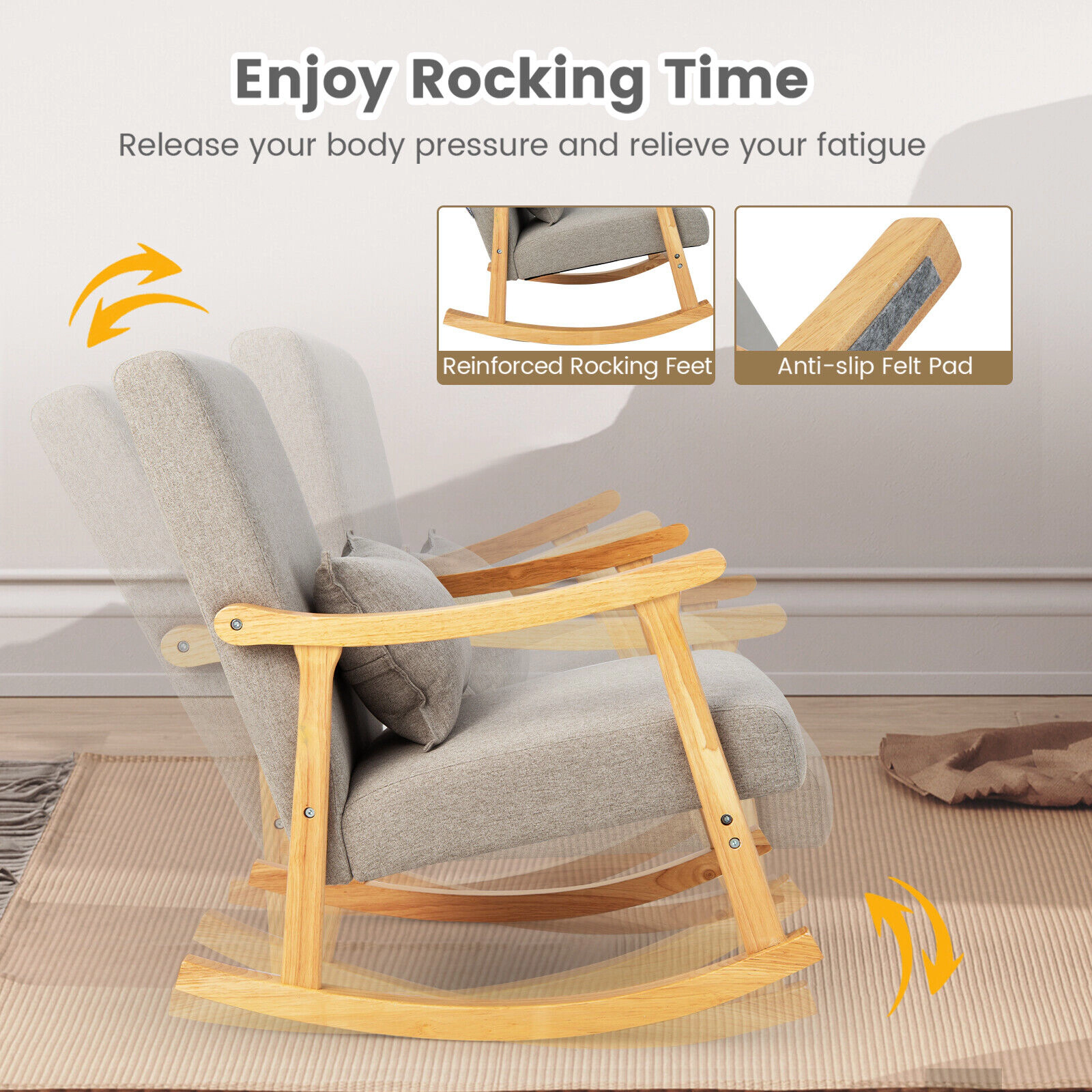 LJG Upholstered Rocking Chair with Pillow and Rubber Wood Frame