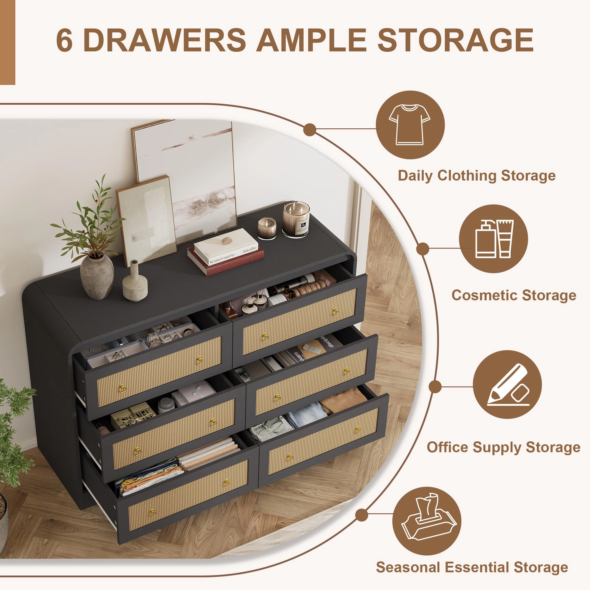6 Drawer Rattan Dresser with Rounded Corners, 46" Wide Modern Wooden Storage Cabinet for Bedroom Living Room