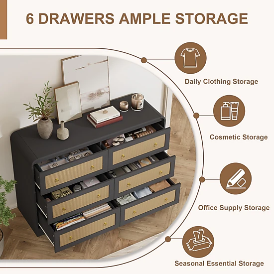 6 Drawer Rattan Dresser with Rounded Corners, 46" Wide Modern Wooden Storage Cabinet for Bedroom Living Room