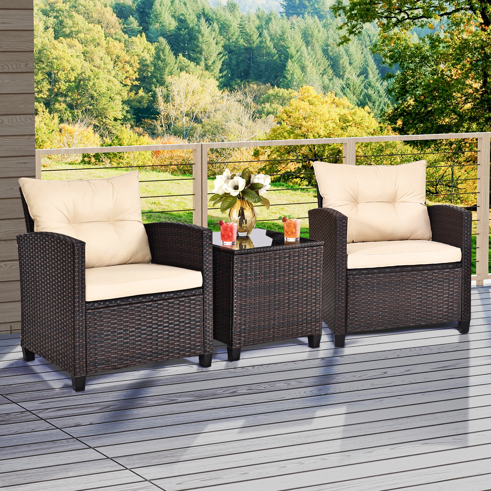 SUGIFT Patio Rattan Furniture Conversation Set with Cushions and Coffee Table 360-lb Chair Capacity Beige