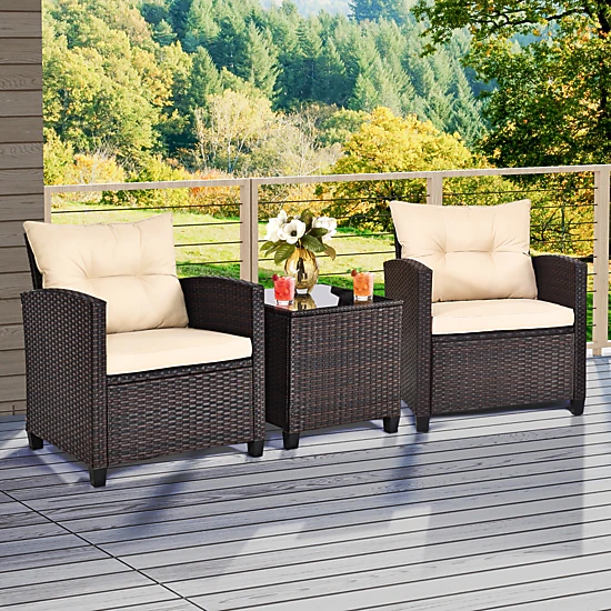 SUGIFT Patio Rattan Furniture Conversation Set with Cushions and Coffee Table 360-lb Chair Capacity Beige