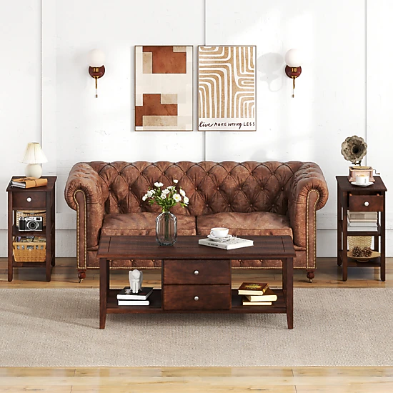 LJG 3-Tier Narrow End Table with Drawer and Storage Shelves