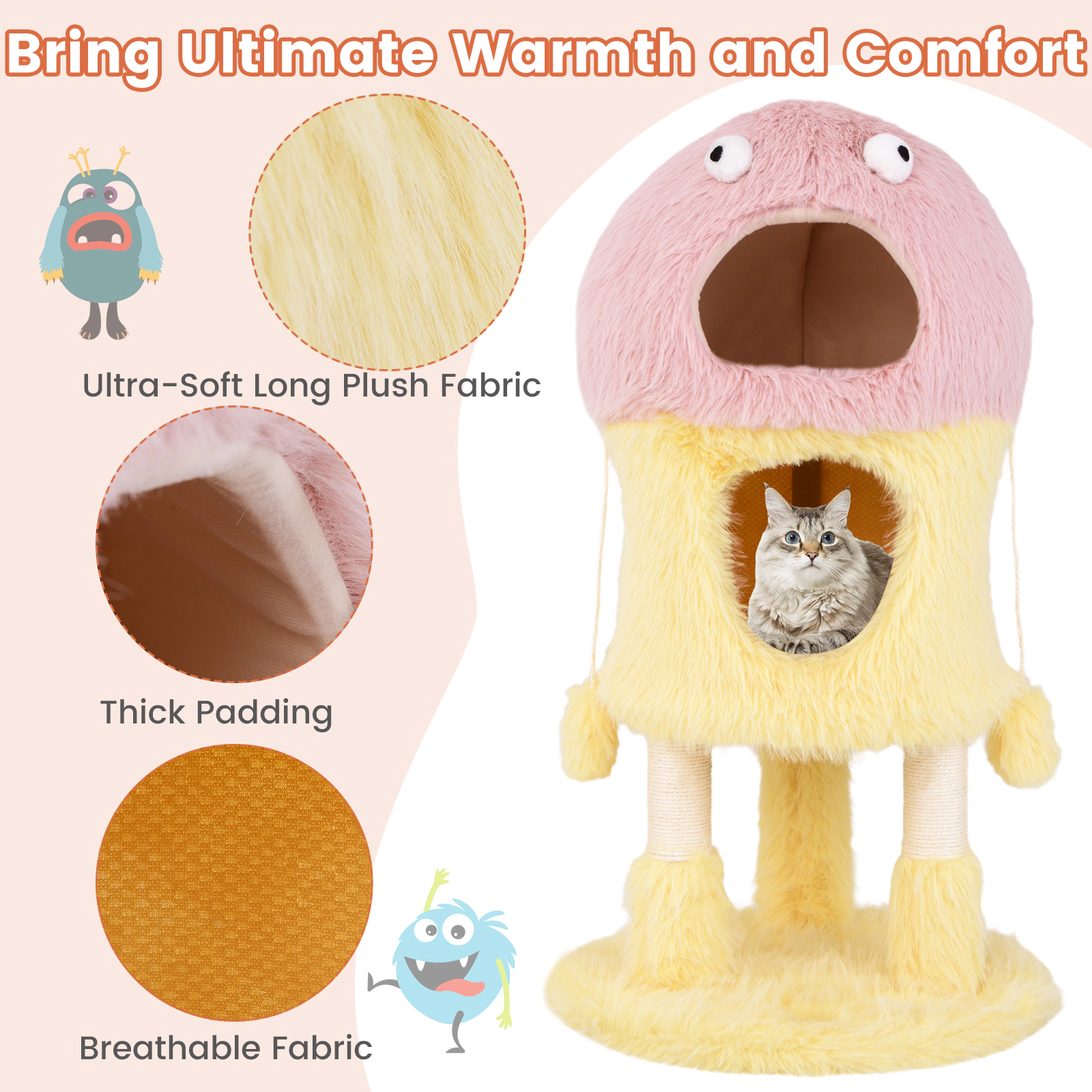 SUGIFT Monster-Themed Cat Tree Tower with 2 Private Condos and 3-Level Activity Center 33-lb Capacity Pink+Yellow