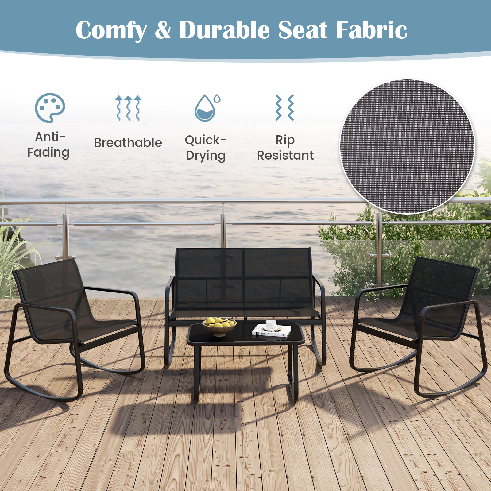 SUGIFT 4 Piece Metal Patio Rocking Conversation Set with Glass-Top Table 330-lb Chair 660-lb Loveseat Capacity Black