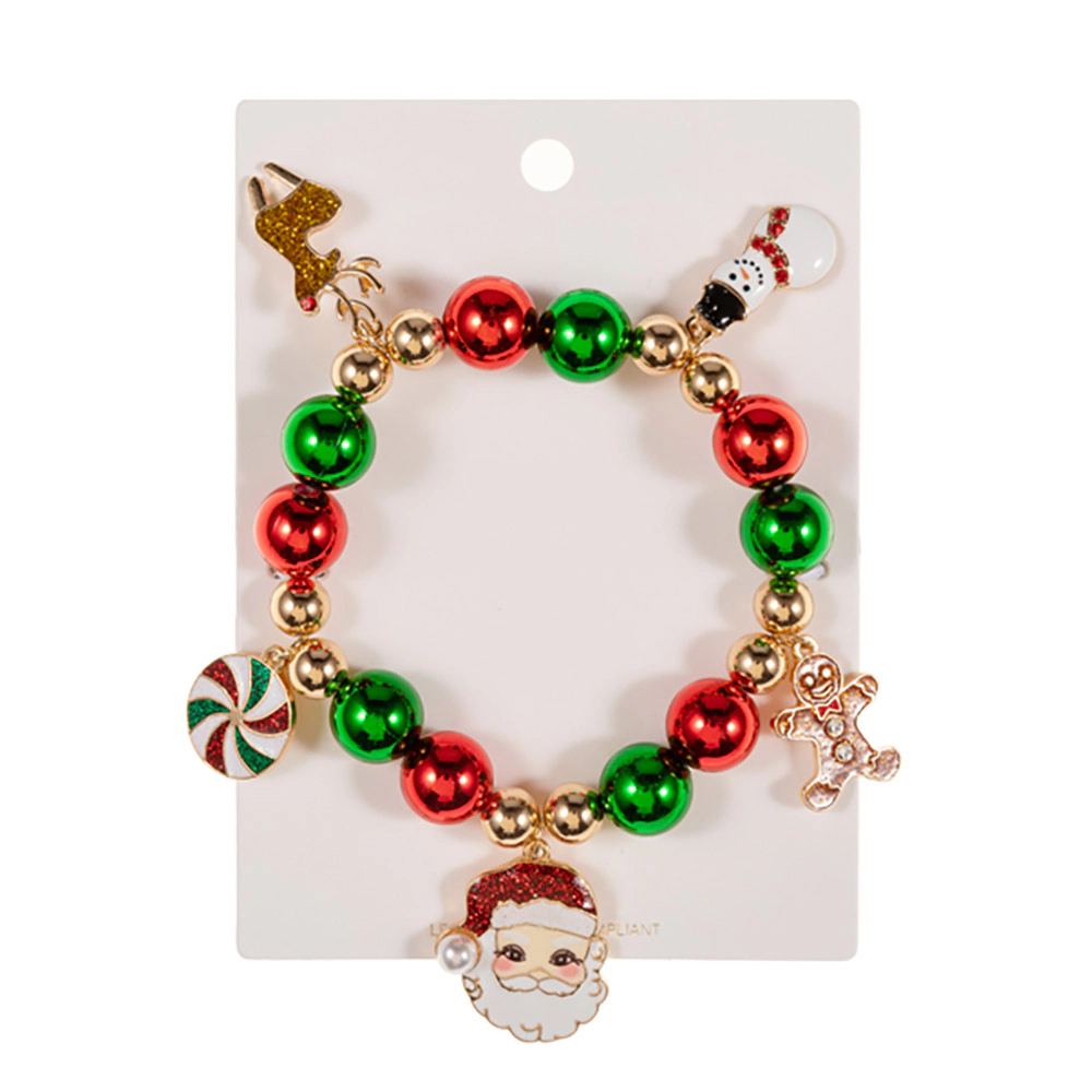 FASHNZFAB Christmas Santa Candy Reindeer Snowman Gingerbread Man Charm Beaded Stretch Bracelet - Multi