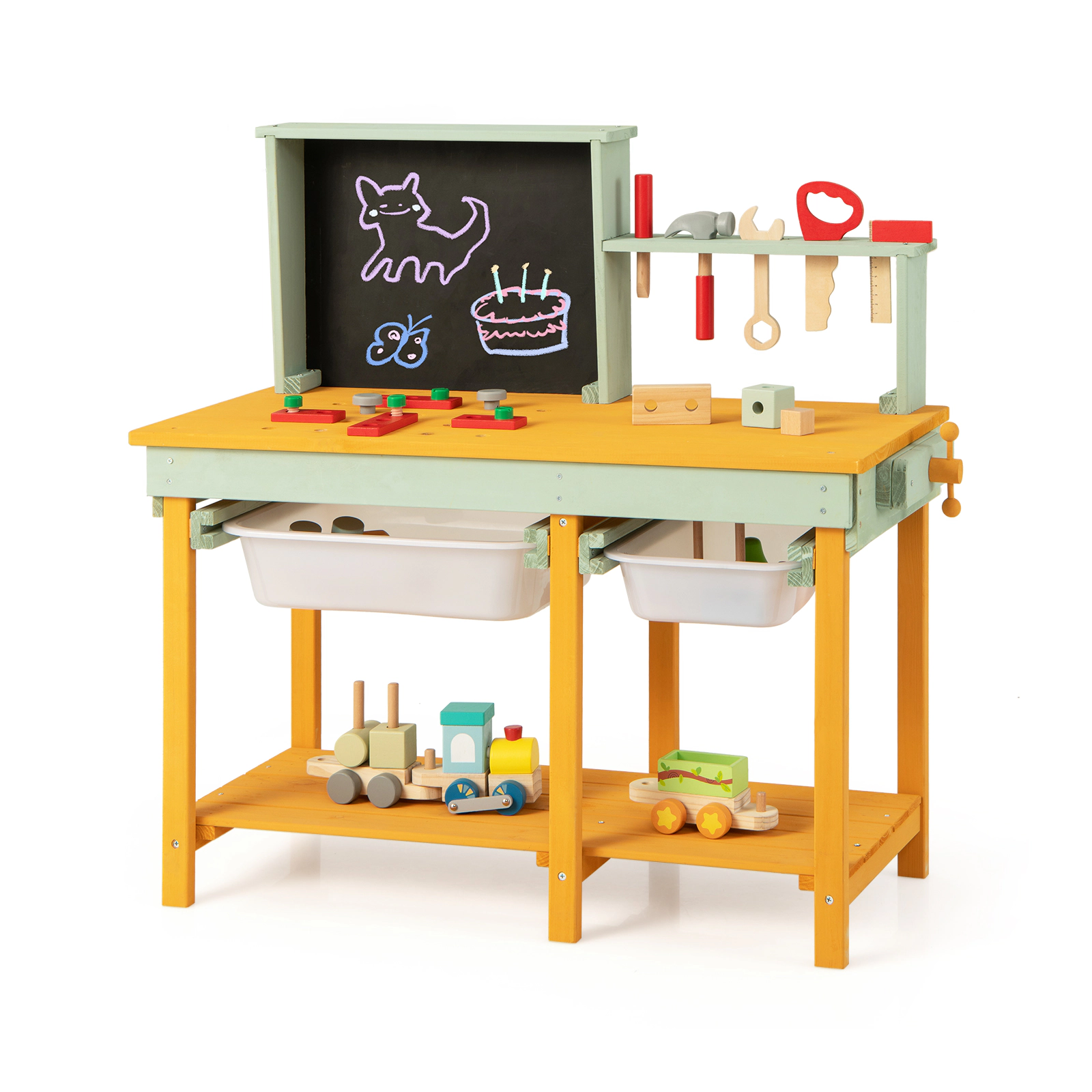 LJG Kids Wooden Toy Workbench with Storage Space and Blackboard