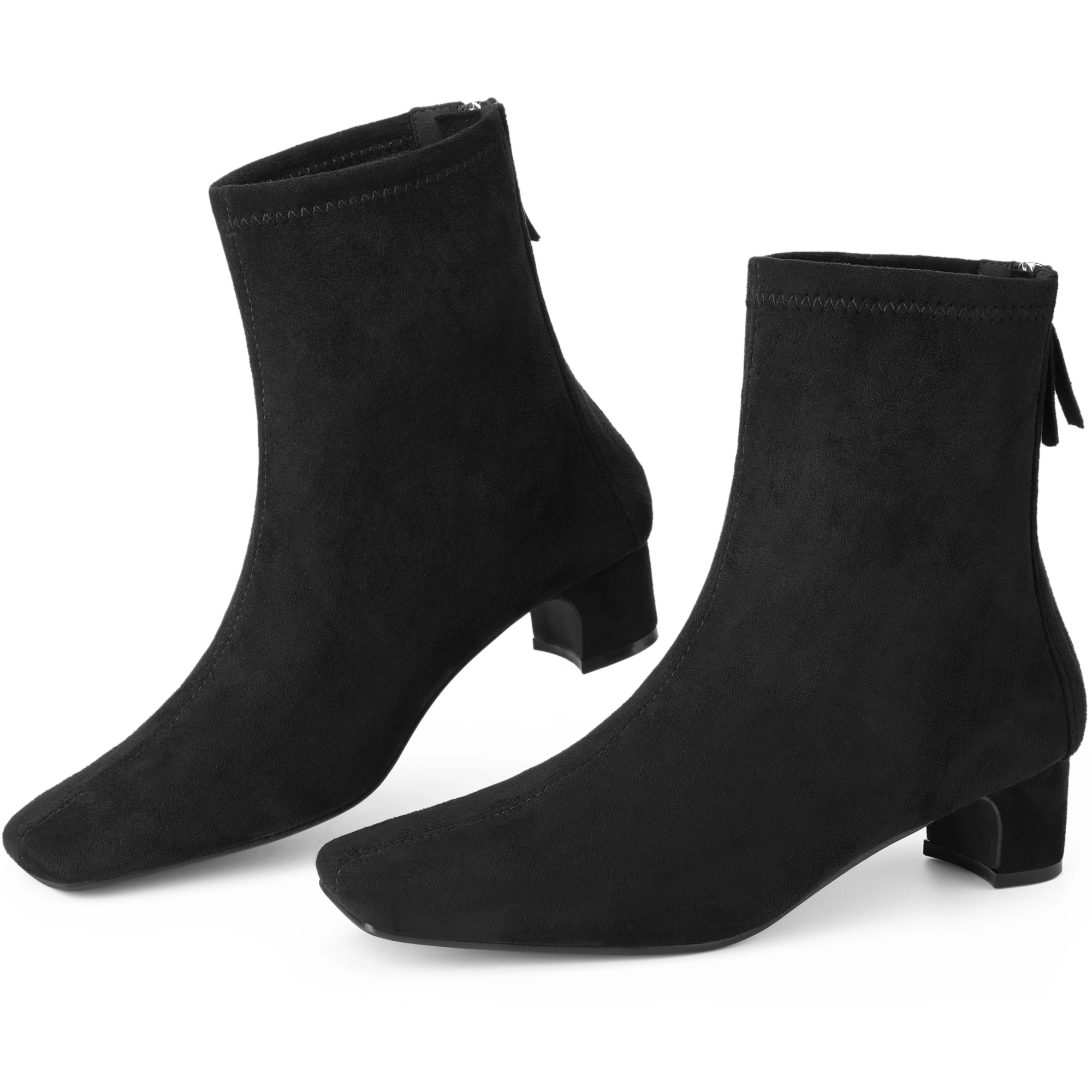 BLISSFUL STEP Women Faux Suede Square Toe Chunky Low Heels Ankle Boots Back Zip