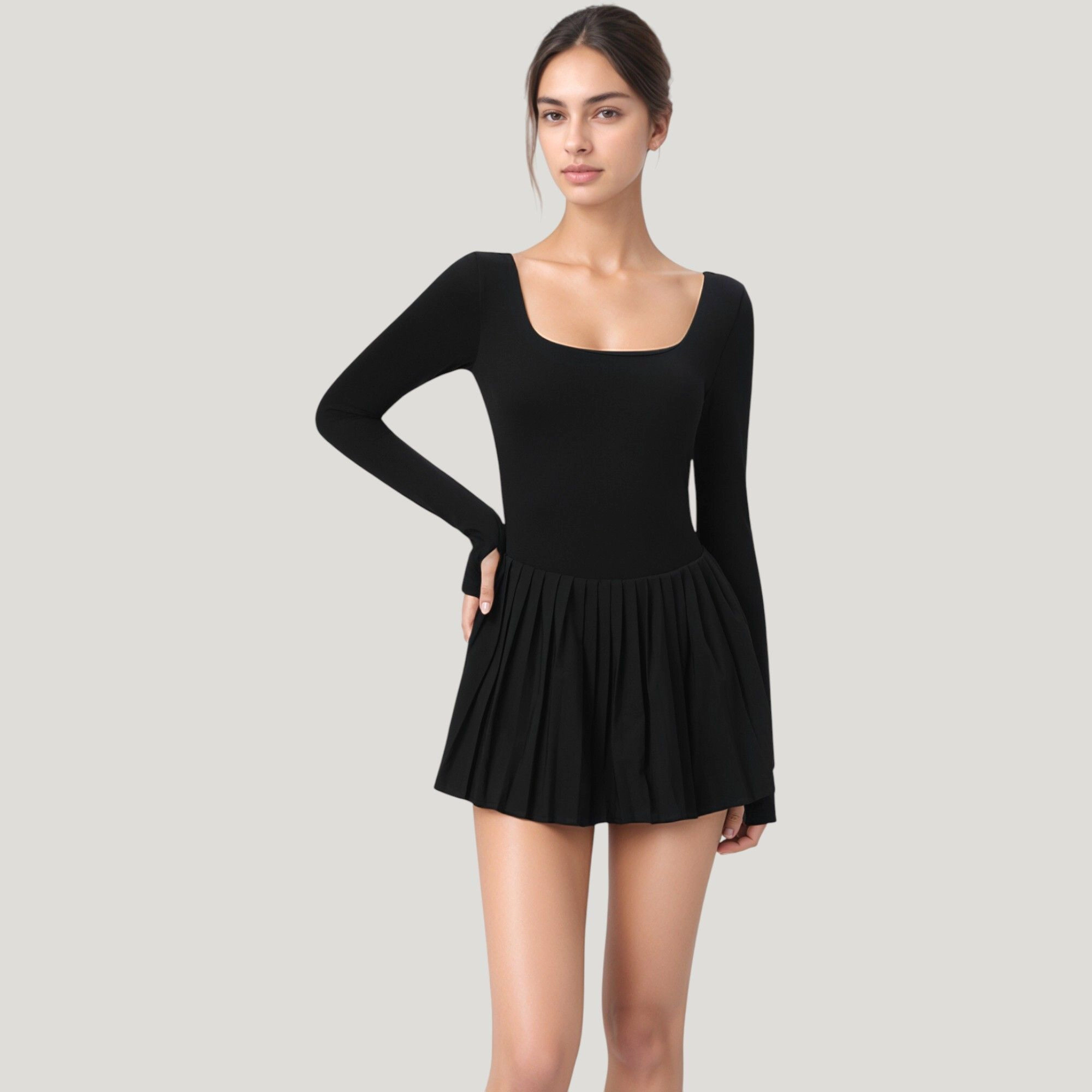 Anna-Kaci Women's Long Sleeve Pleated Skirt Active Dress with Scoop Neckline