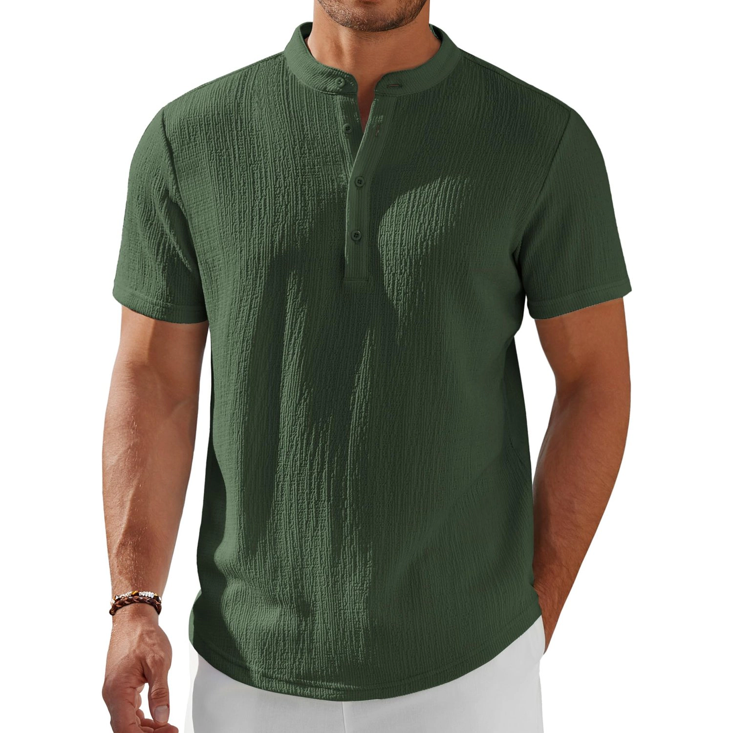 COOFANDY Mens  Casual Henley Shirt Short Sleeve Band Collar Button Crinkle Tee