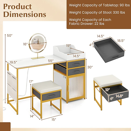 SUGIFT Vanity Table and Stool Set with Lighted Rotating Mirror and ...