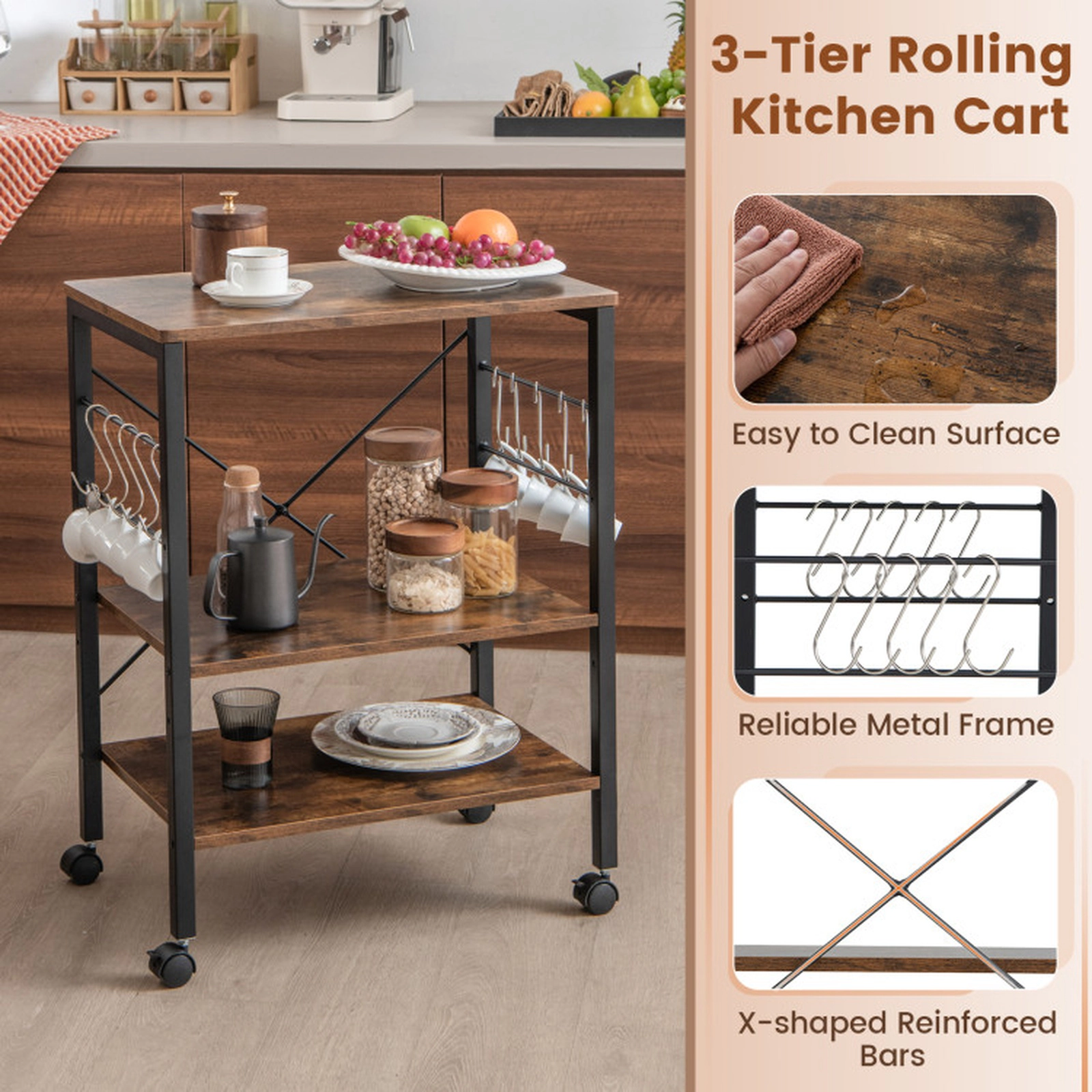 SUGIFT 3-Tier Kitchen Bakers Rack Rustic Brown Microwave Cart with 10 Hooks