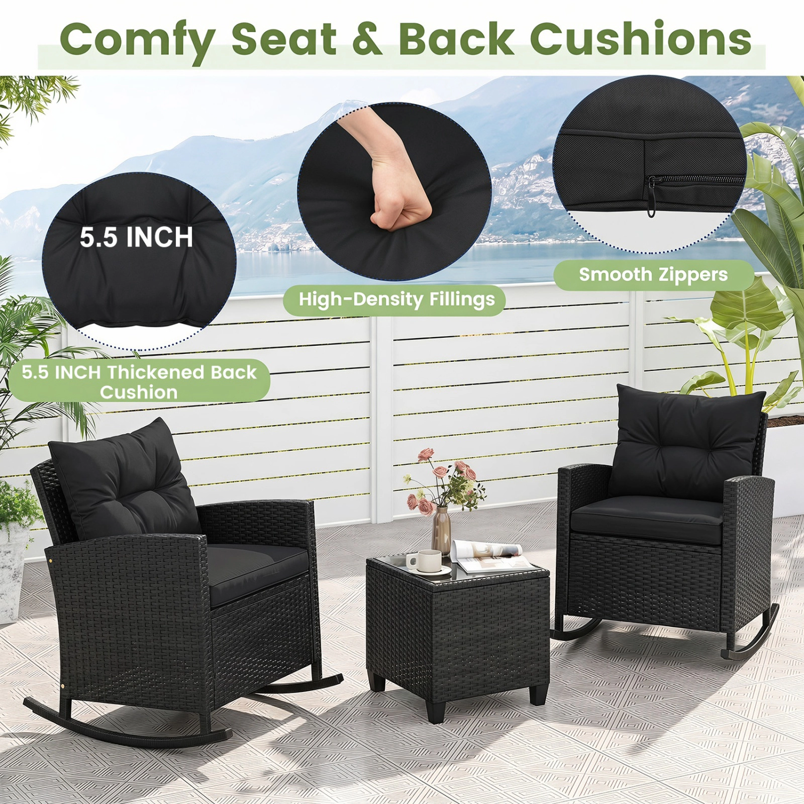 SUGIFT 3-Piece Patio Rattan Rocker Conversation Set Tempered Glass Table & Soft Cushions 400-Lb Capacity Black & Brown
