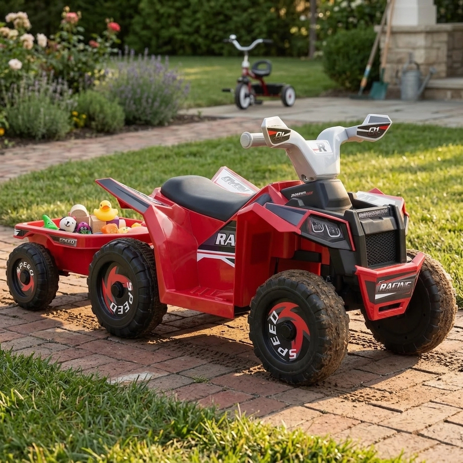 6V Kids ATV Quad Ride On Car with Detachable Trailer Forward/Reverse Switch and Multi-Terrain Wheels Ages 3+ Red