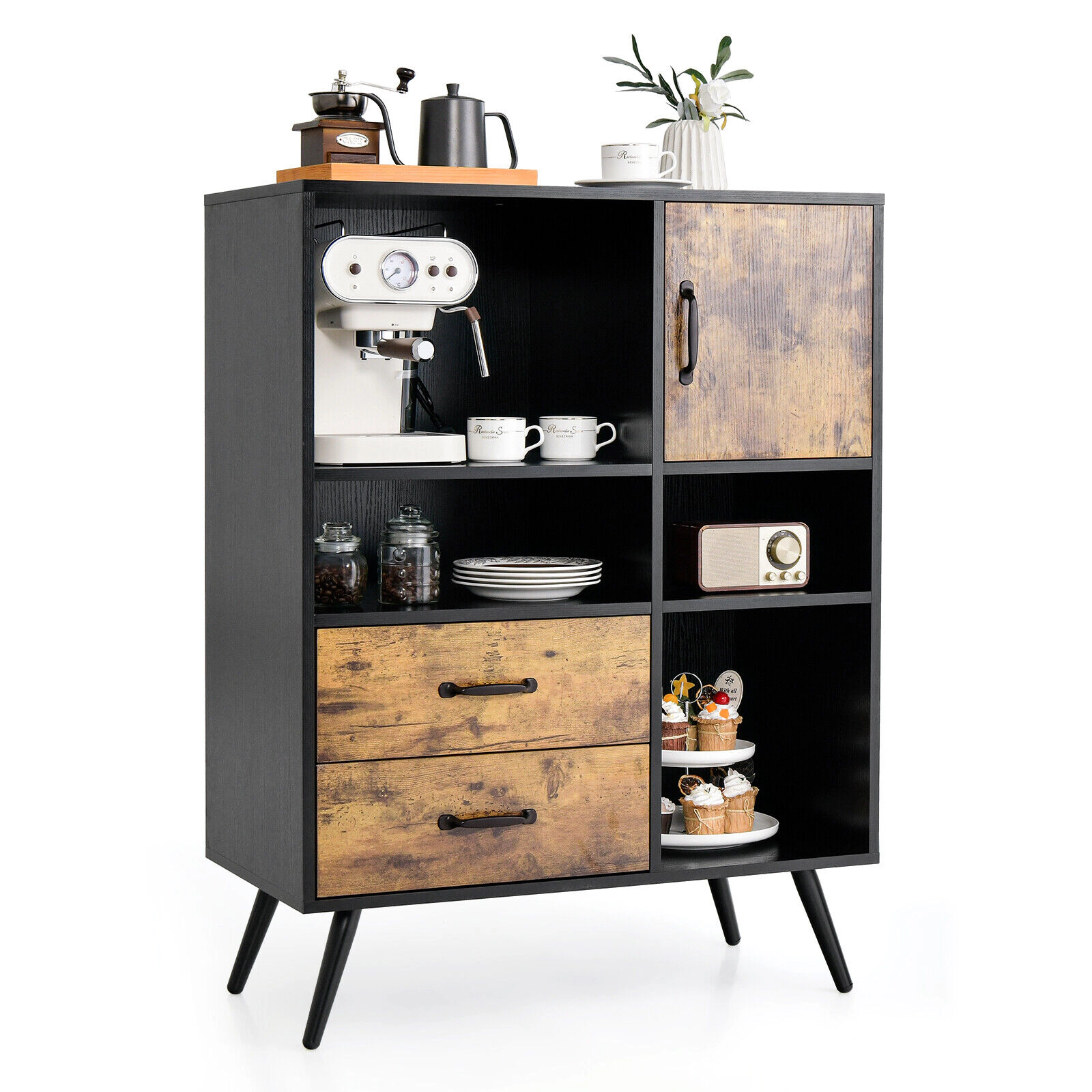 SUGIFT Industrial Buffet Sideboard Kitchen Cupboard with Cubbies and Drawers 110-lb Tabletop Rustic Brown and Black