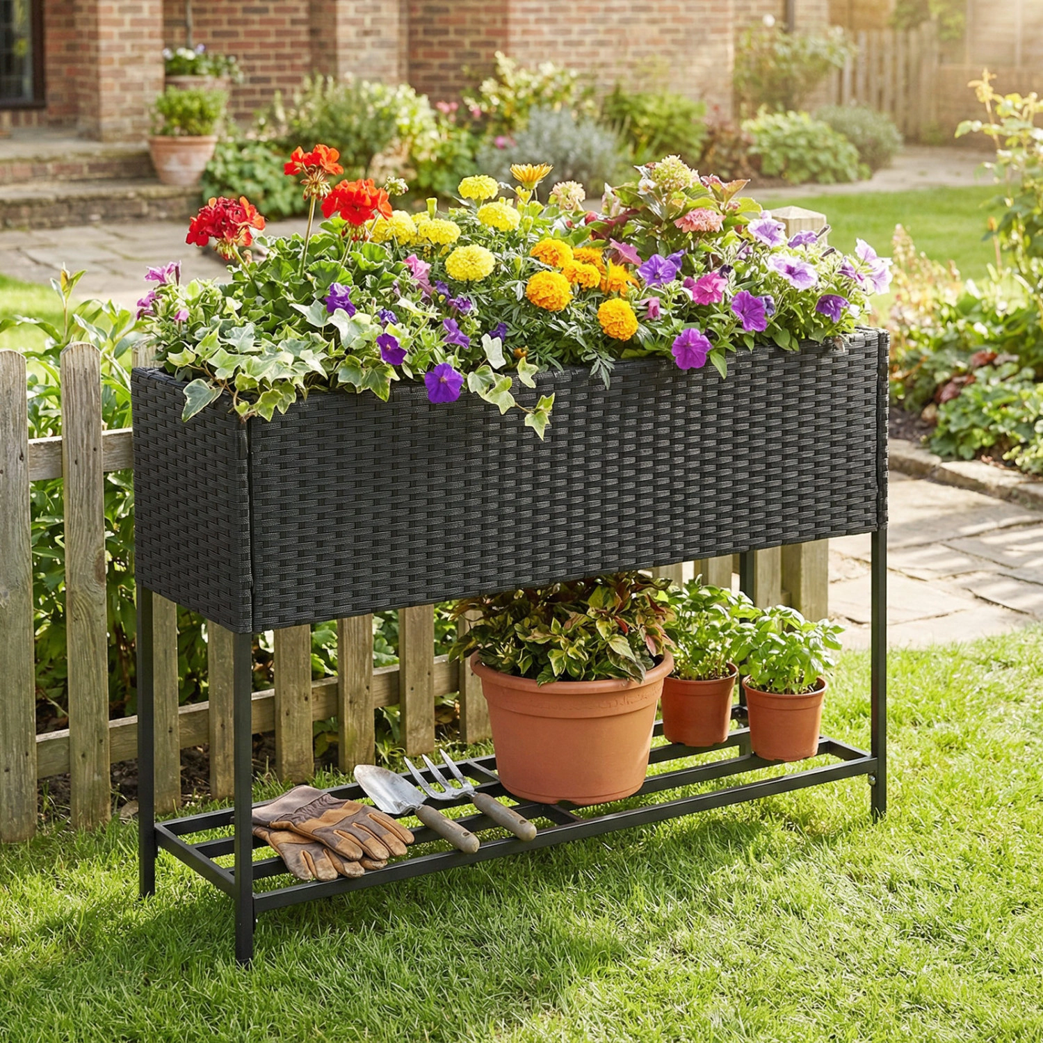 LJG Raised Wicker Garden Bed with Storage Shelf and Removable Liner