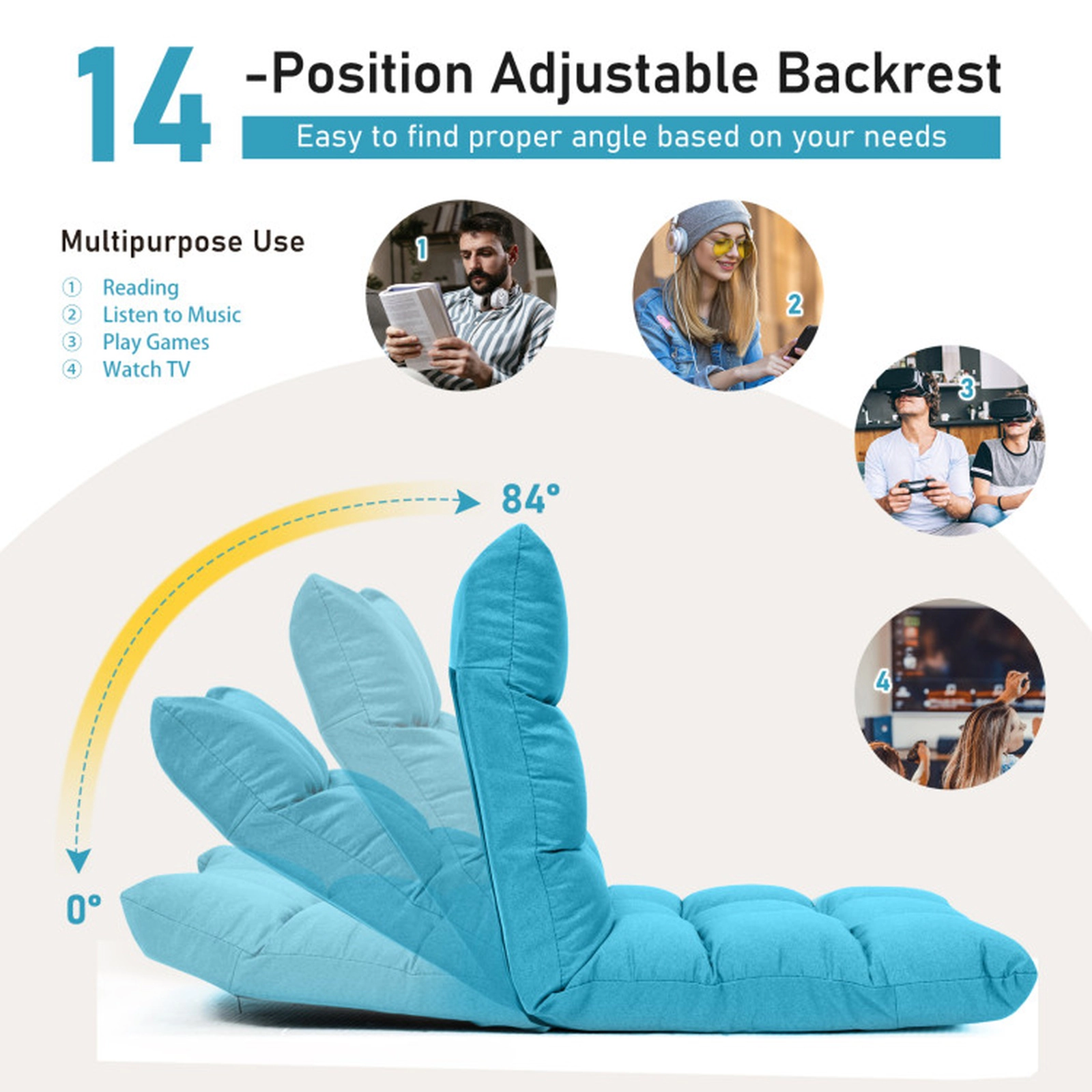 SUGIFT 14-Position Folding Floor Gaming Chair, Adjustable Backrest, 264-Lb Capacity, Light Blue