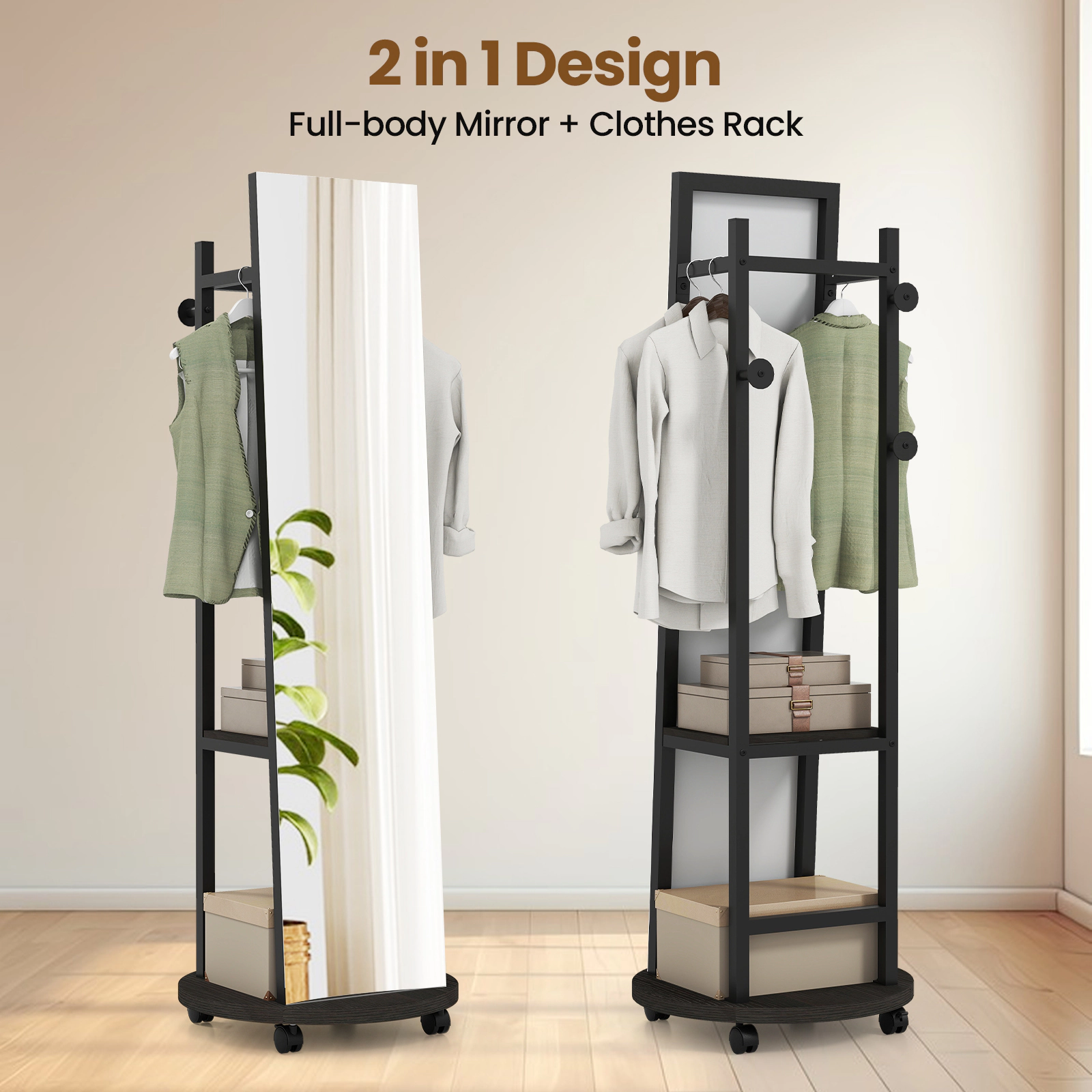 SUGIFT Coat Rack with Full Length Mirror Walnut Freestanding Coat Tree on Wheels
