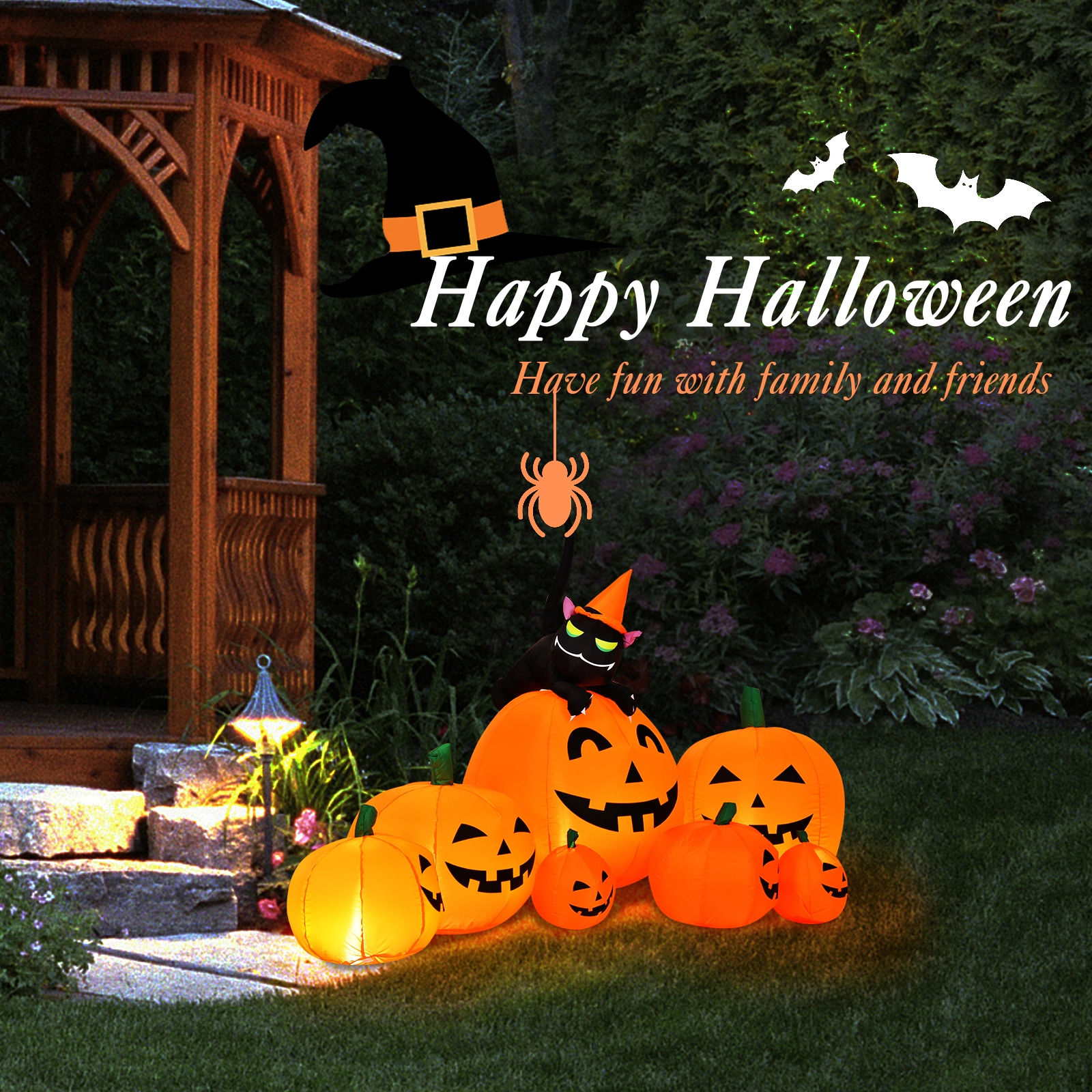 LJG Halloween 7.5 Feet Inflatable Pumpkin Combo with Witch Black Cat