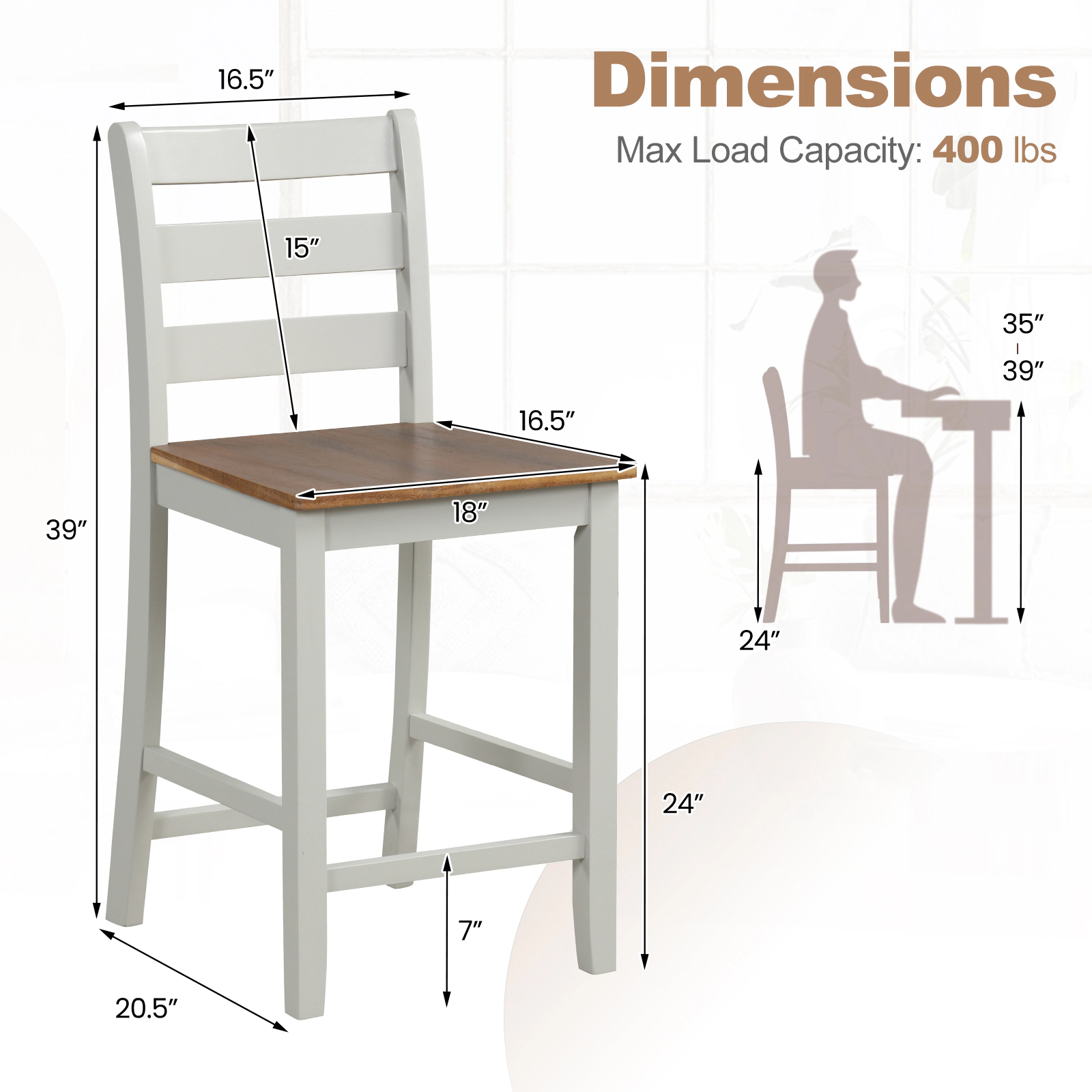 Glintex 2-Piece 24-Inch Counter Stool Set with Inclined Backrest, Gray & Walnut