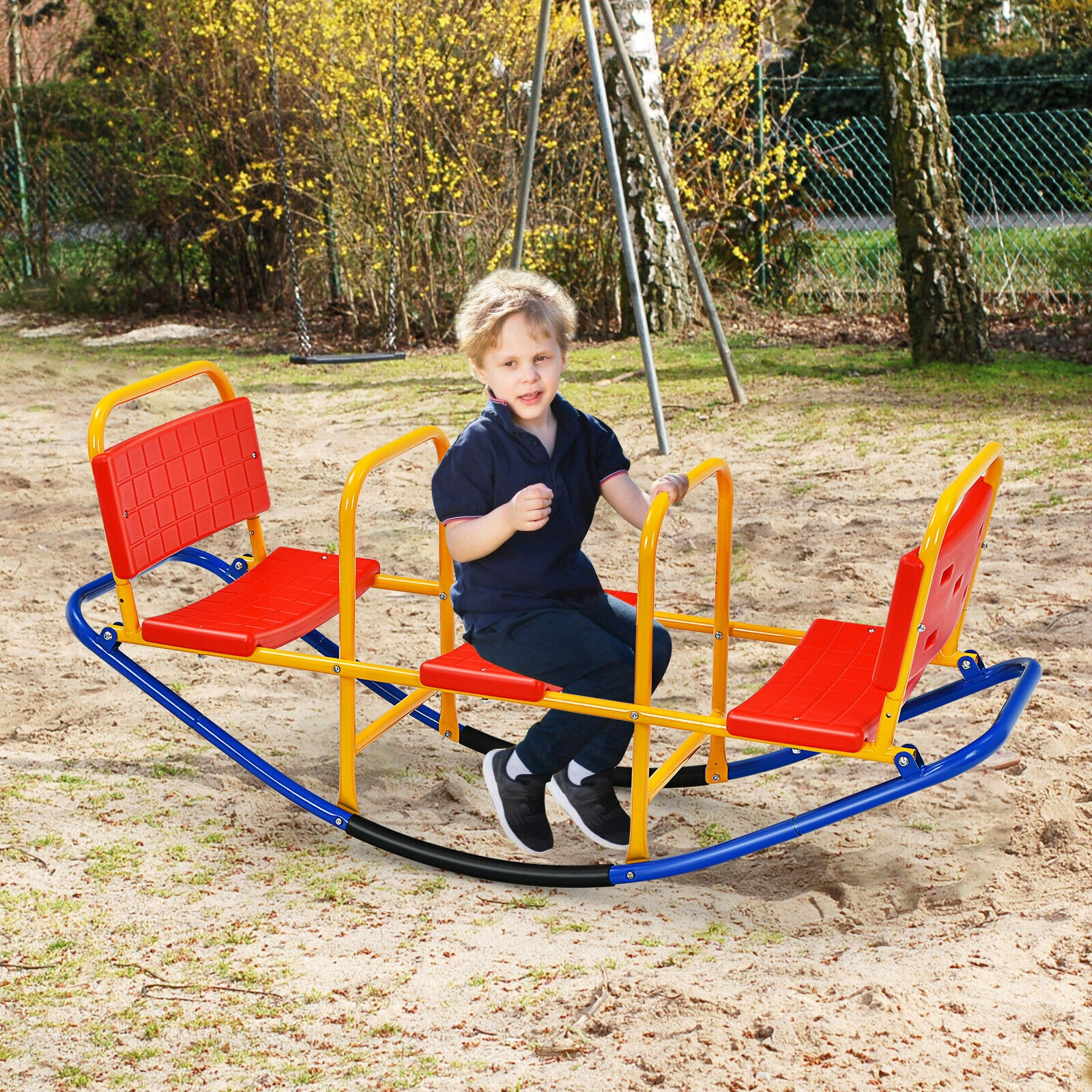 Kids Teeter Totter Seesaw 360-Degree Swivel Sit and Spin Backrest Footrest Handlebars 200-lb Capacity Ages 3-8 Red