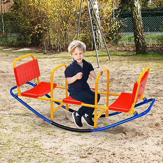 Kids Teeter Totter Seesaw 360-Degree Swivel Sit and Spin Backrest Footrest Handlebars 200-lb Capacity Ages 3-8 Red