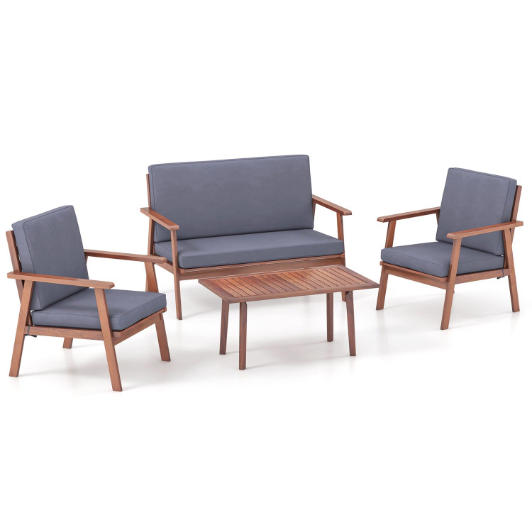 Hivvago 4 Piece Outdoor Acacia Wood Conversation Set With Soft Seat And Back Cushions