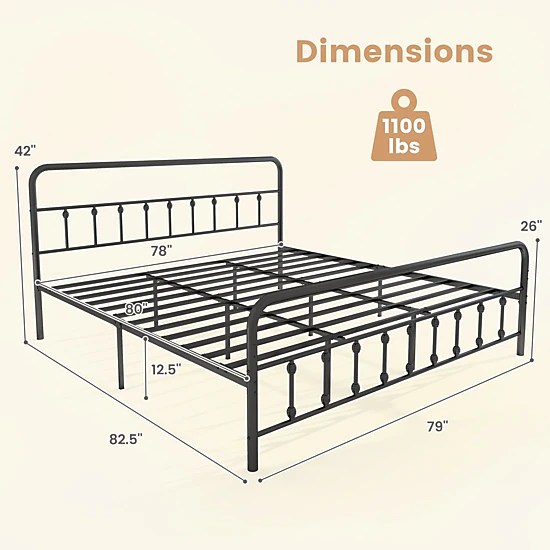 SUGIFT King Metal Platform Bed, Victorian Open-Frame Headboard and Footboard, Black