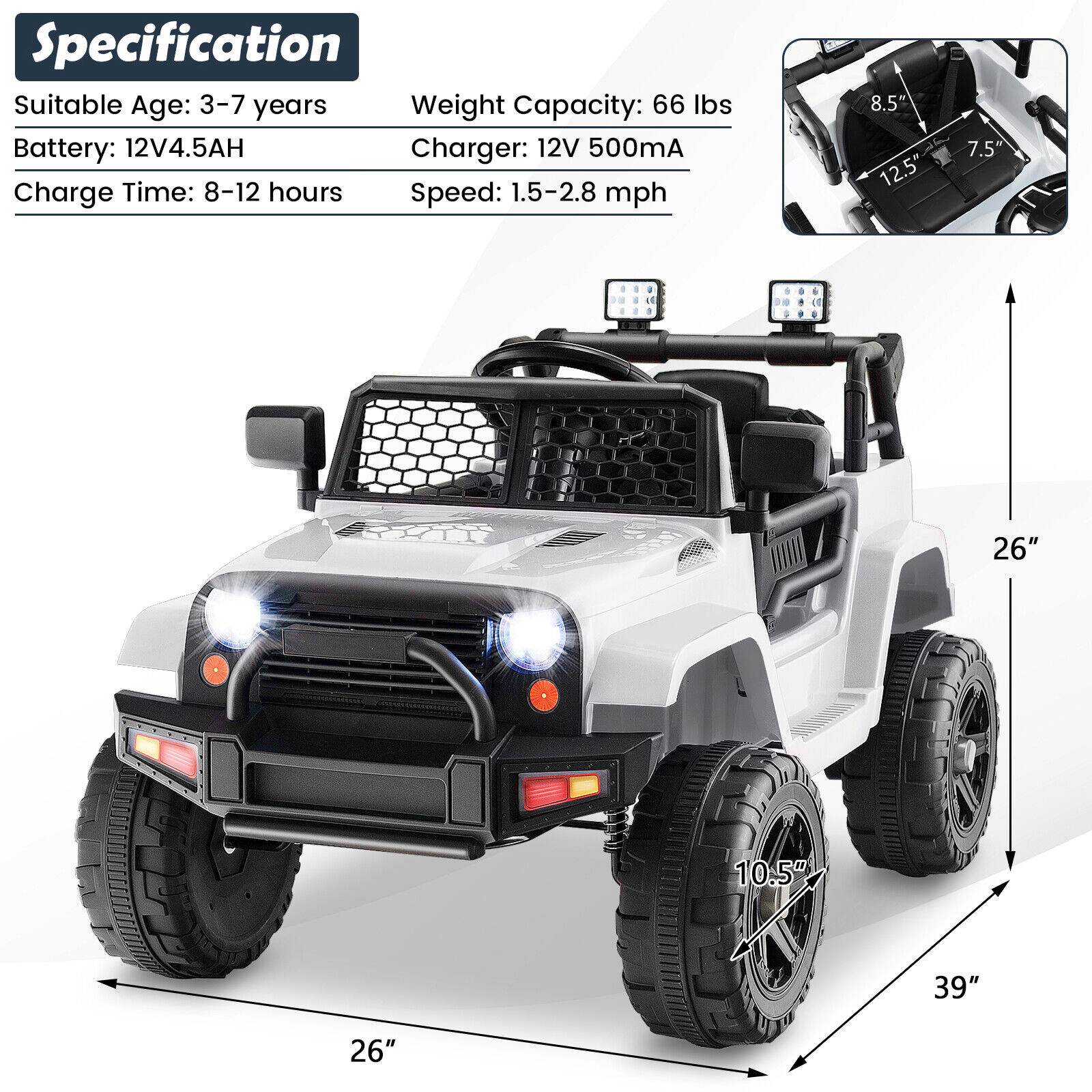 SUGIFT Parental Remote Control Headlights and USB Player 12V Kids Ride On Truck
