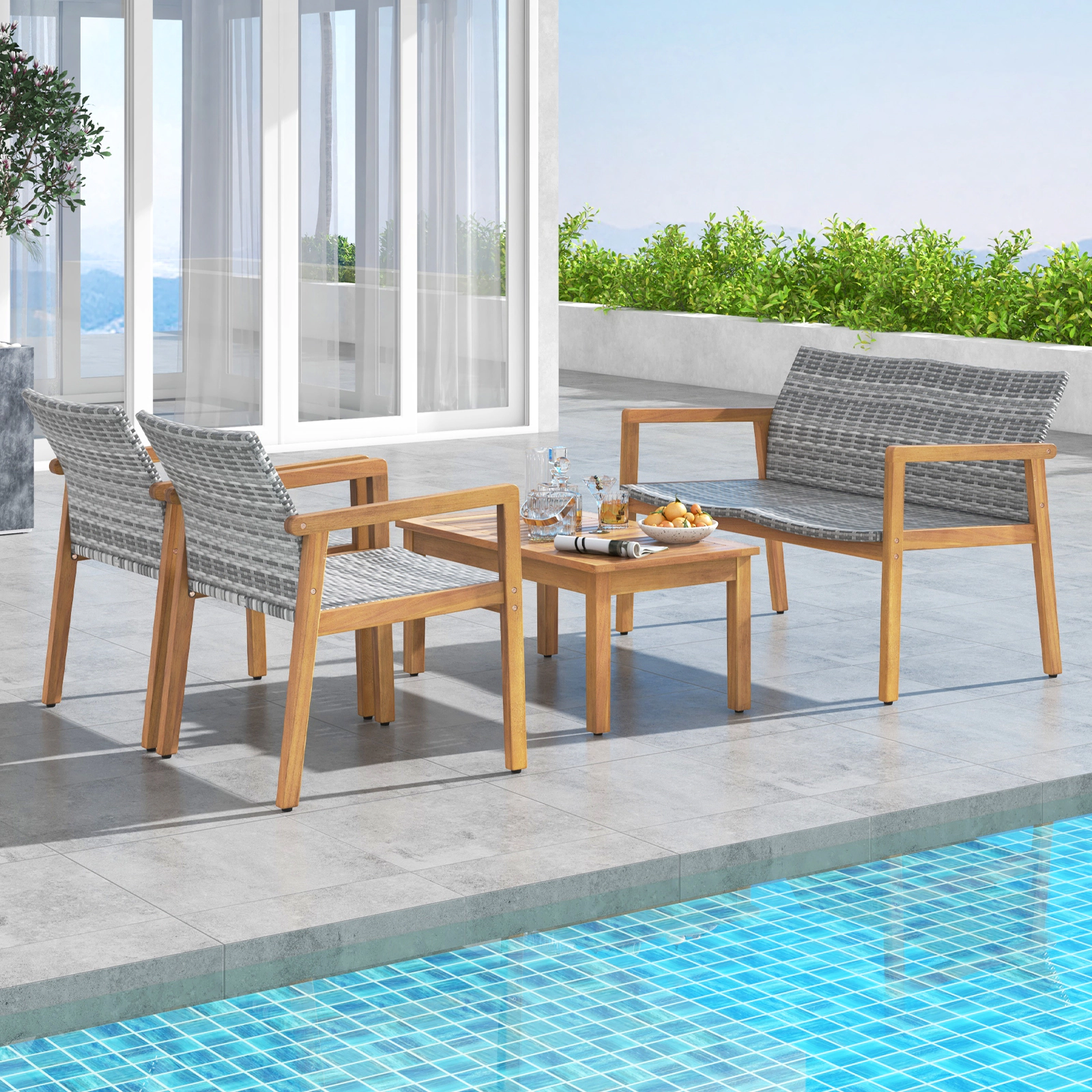 SUGIFT 4-Piece Gray PE Rattan Patio Conversation Set with Loveseat, 2 Armchairs and Acacia Table