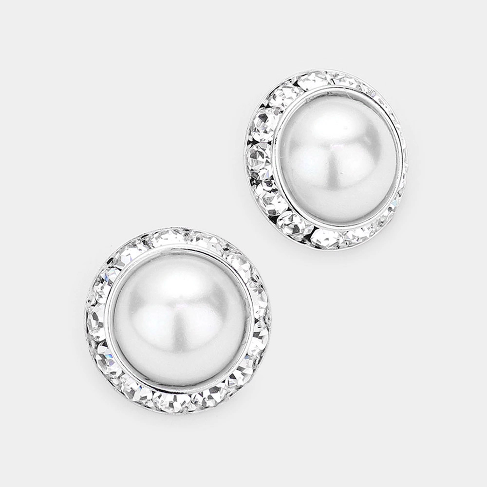 FASHNZFAB Rivoli Cut Genuine Crystal Pearl Round Stud Earrings