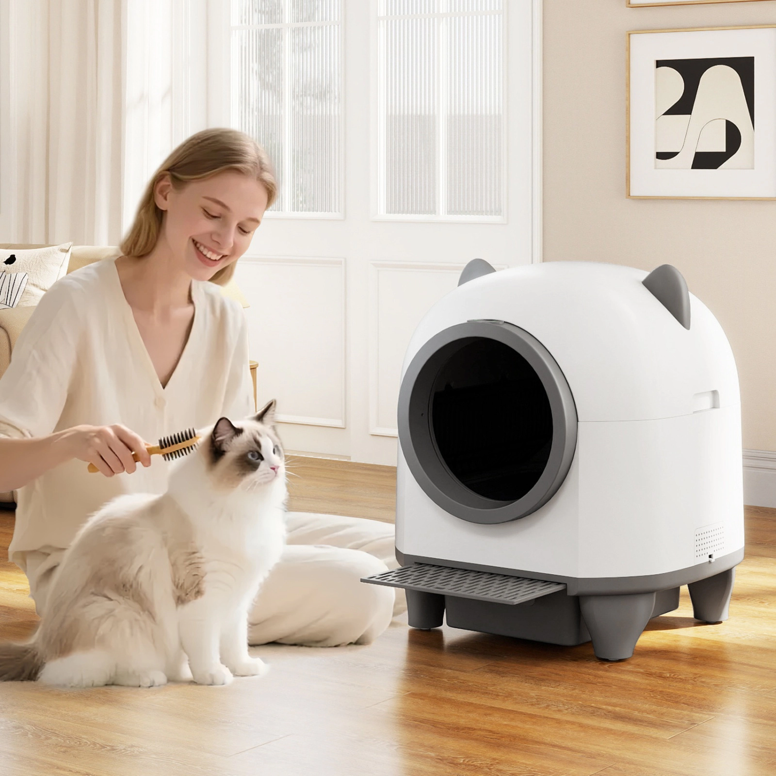 SUGIFT 22 x 23.5-in White 80-L Drum WiFi App Controlled Self-Cleaning Automatic Cat Litter Box with Odor Control
