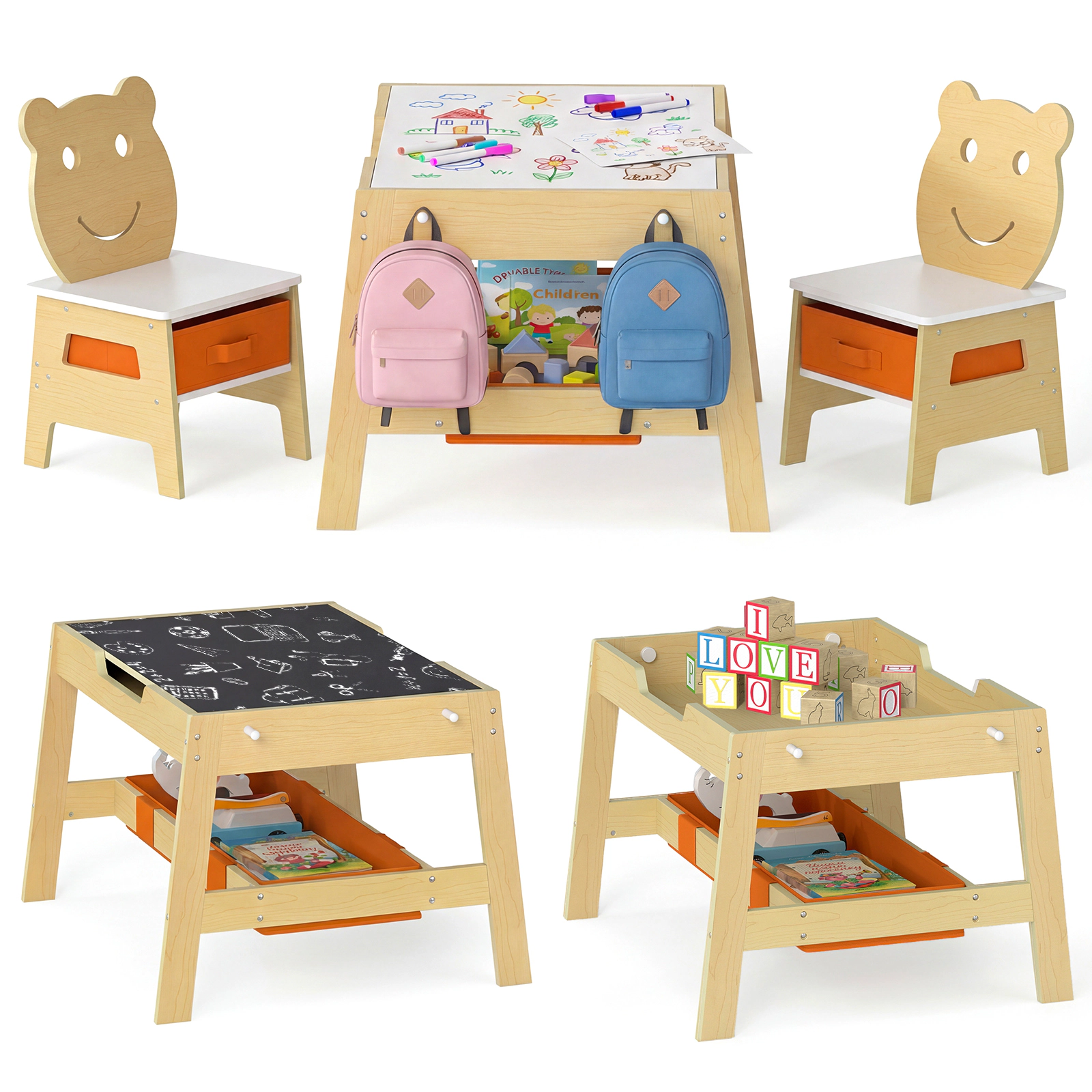 SUGIFT 5-in-1 Toddler Art Table & Chair Set Reversible Chalkboard Whiteboard 110-lb Tabletop Capacity Ages 3-10 Natural