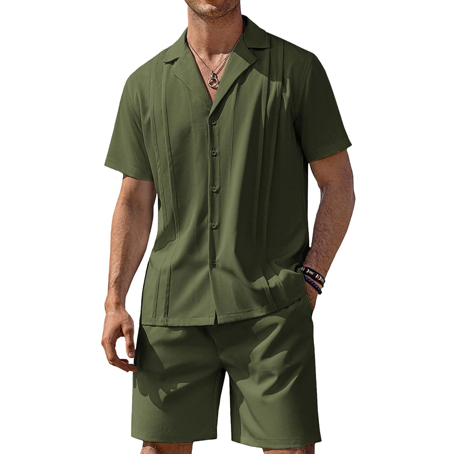 COOFANDY Mens Casual  Short Sleeve Pleated Shirt Lapel Collar Shorts Set