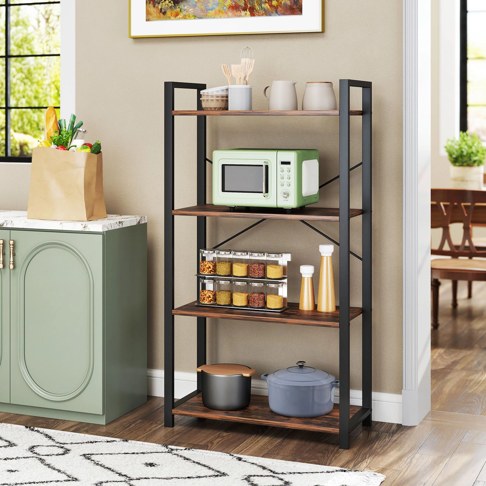 SlickBlue 4 Tier Bookshelf with Metal Frame and Rustic Wood Shelves