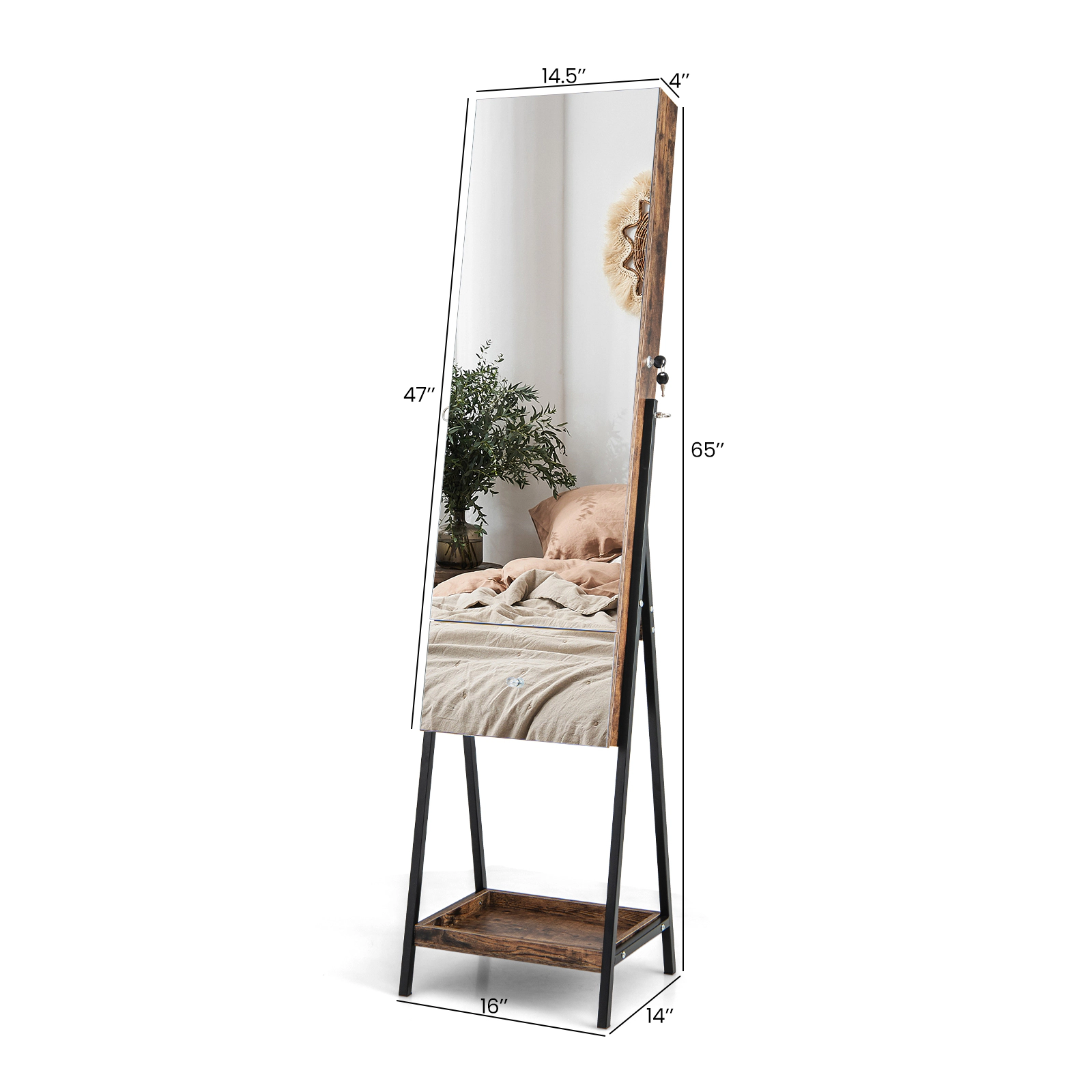 Slickblue 65 Inch Freestanding Lockable Jewelry Cabinet with Full-Length Mirror, LED Lights and Storage Drawer